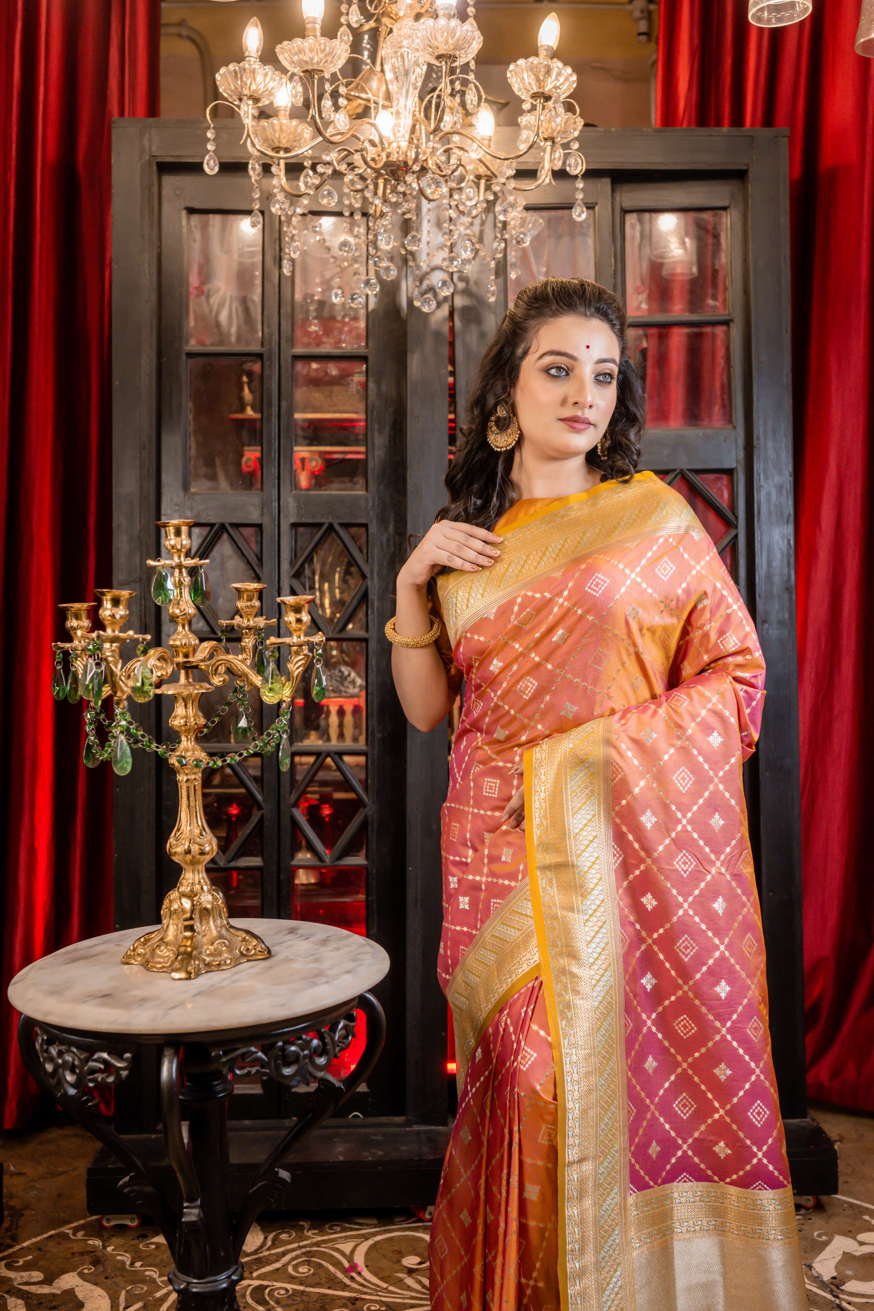 Ashika || Metallic Mustard Yellow & Onion Pink dual-tone Soft Katan Banarasi Saree with all over Sona Rupa Zari Jaal and Buta in Box pattern