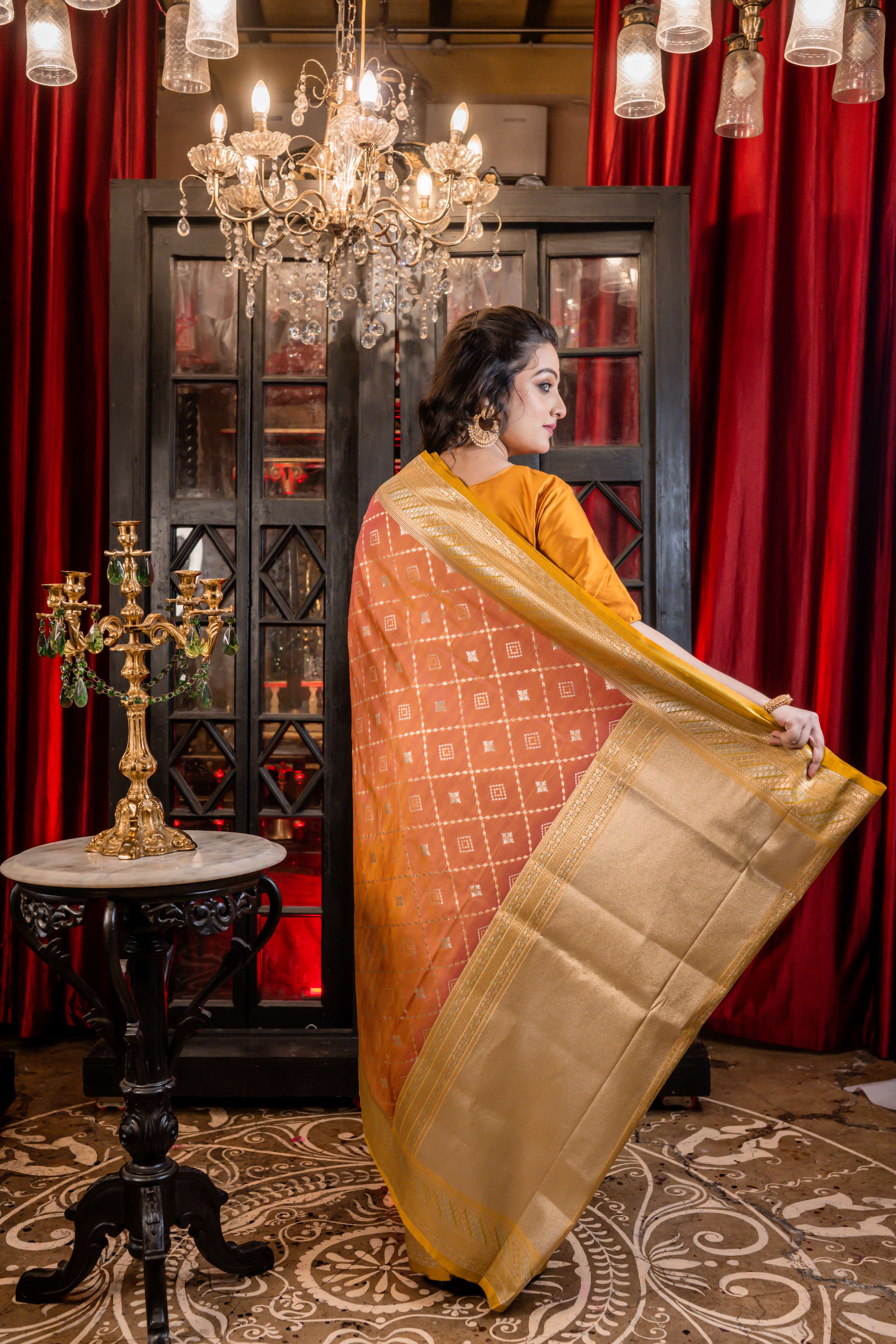 Ashika || Metallic Mustard Yellow & Onion Pink dual-tone Soft Katan Banarasi Saree with all over Sona Rupa Zari Jaal and Buta in Box pattern