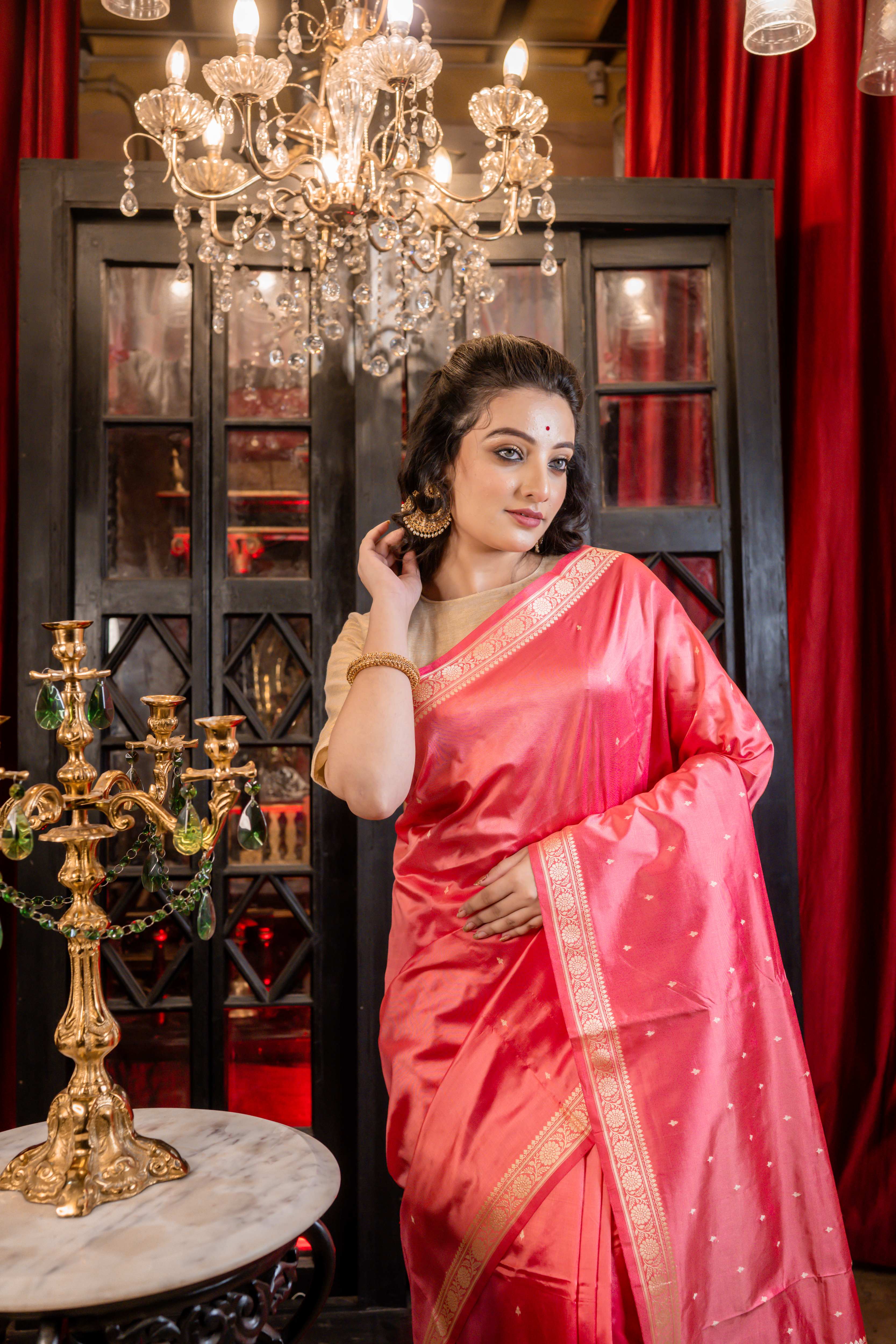 Kusumita || Rose Pink Pure Katan Handloom Banarasi Saree with all over Resham Buti