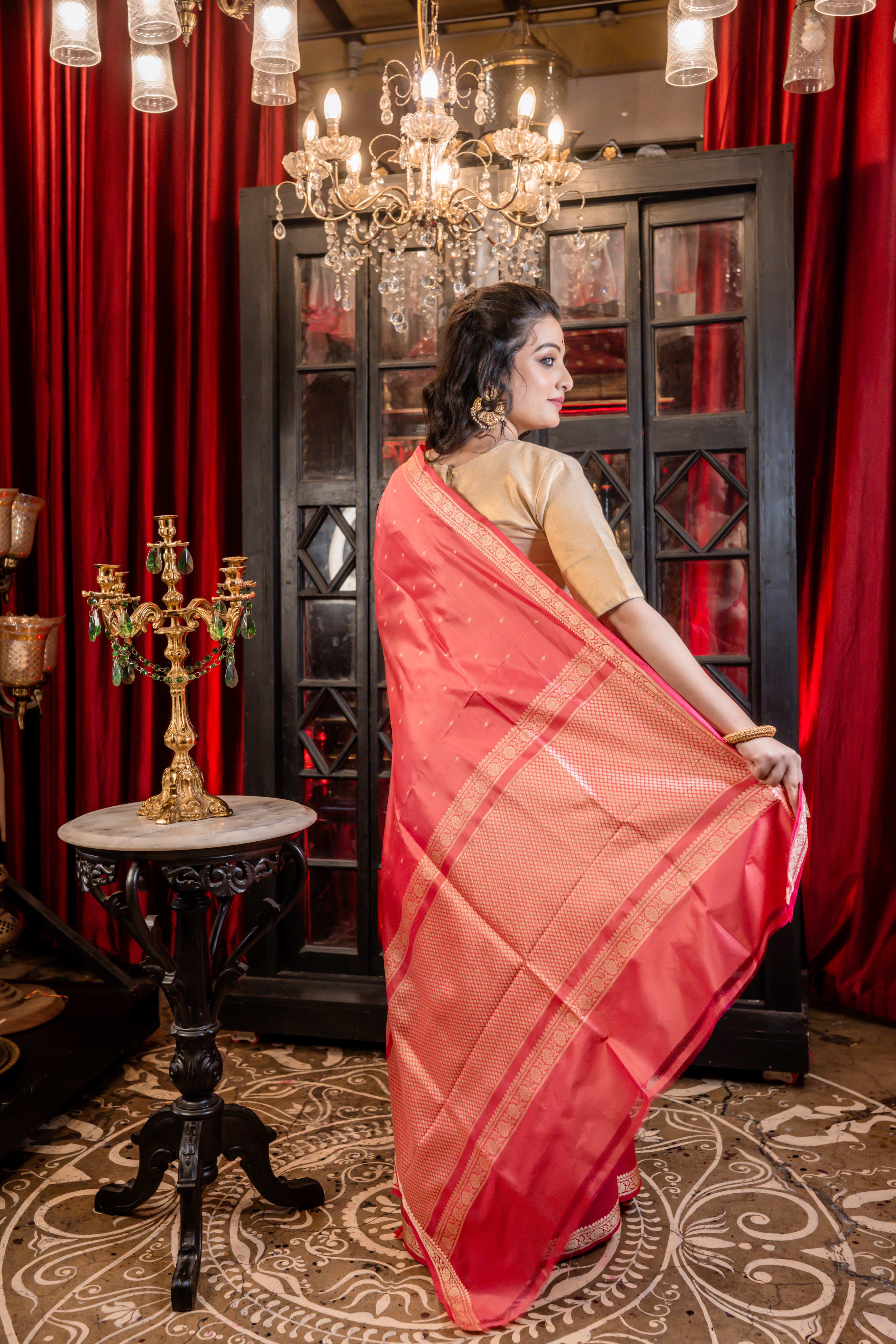 Kusumita || Rose Pink Pure Katan Handloom Banarasi Saree with all over Resham Buti