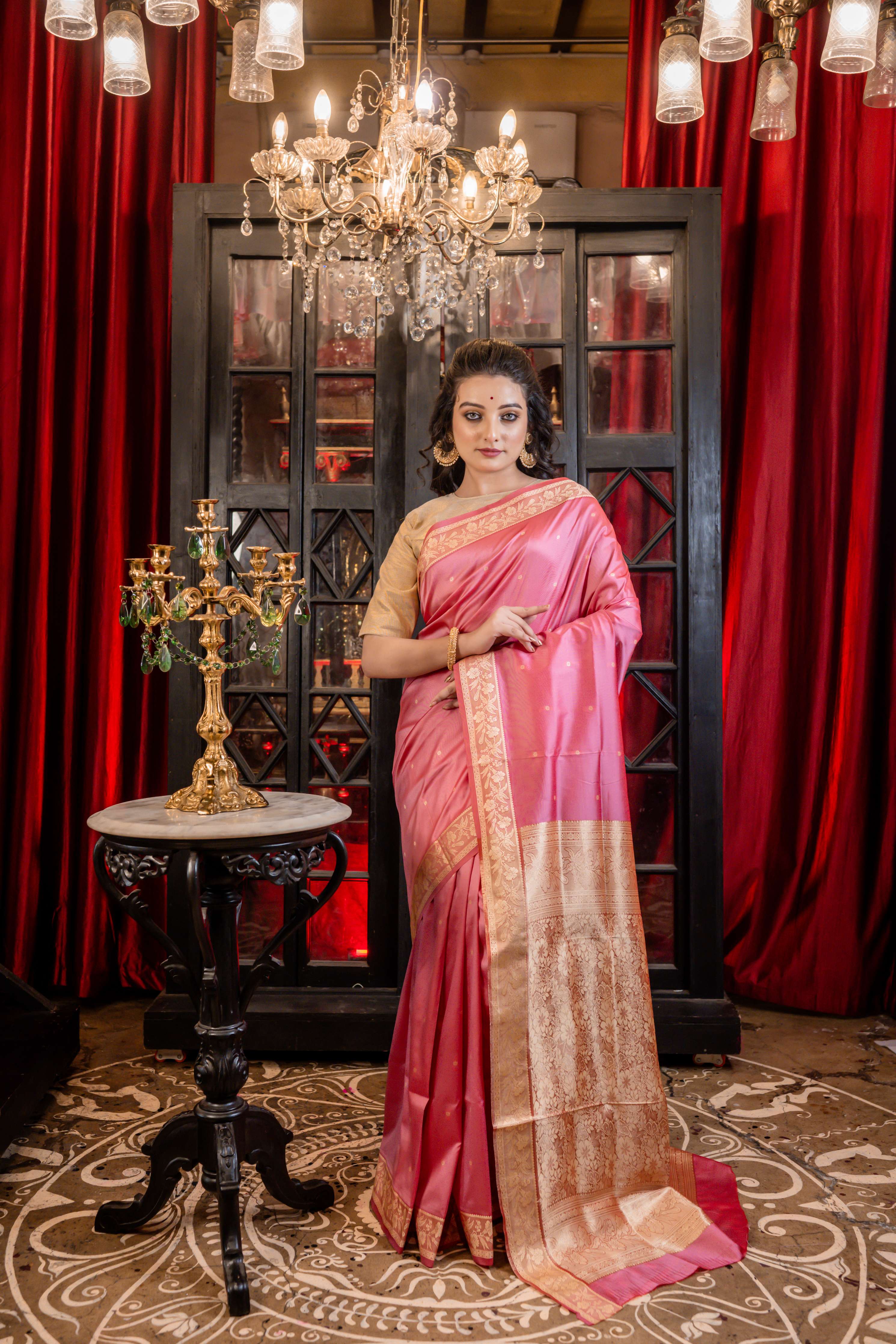 Soumya || Rose Pink Soft Katan Silk Banarasi Saree with all over Woven Resham Buti and Pallu in Antique Gold Zari highlights