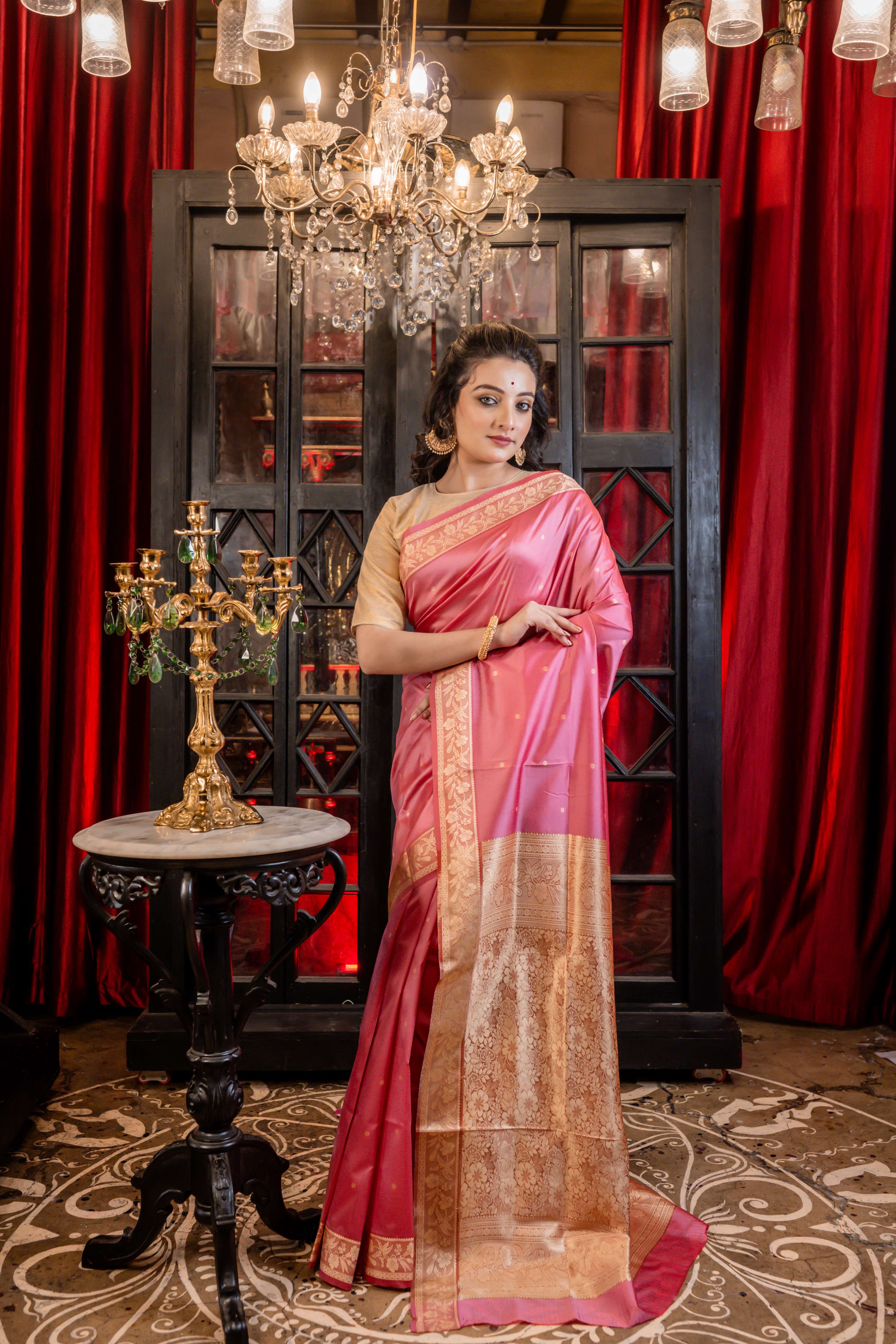 Soumya || Rose Pink Soft Katan Silk Banarasi Saree with all over Woven Resham Buti and Pallu in Antique Gold Zari highlights