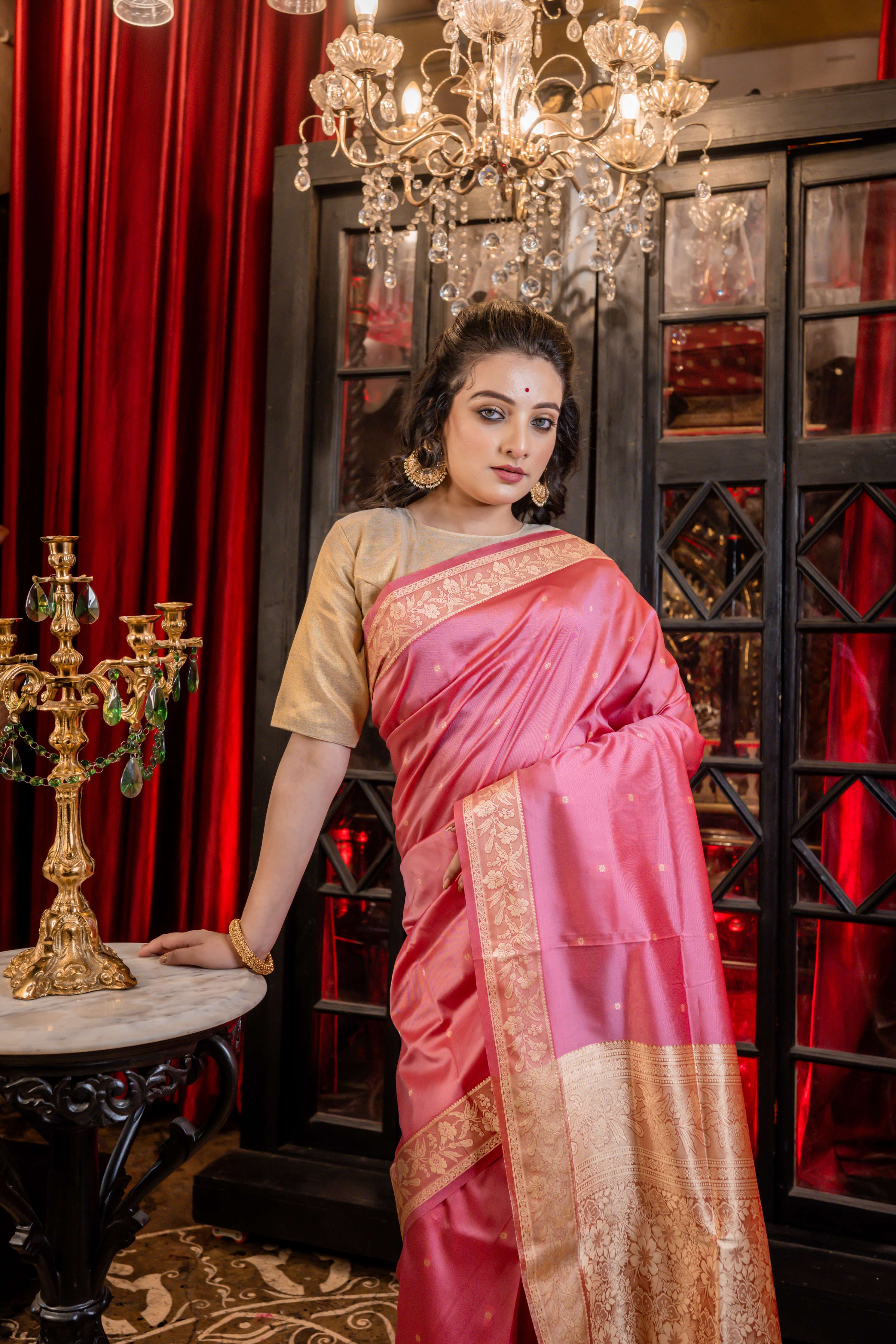 Soumya || Rose Pink Soft Katan Silk Banarasi Saree with all over Woven Resham Buti and Pallu in Antique Gold Zari highlights