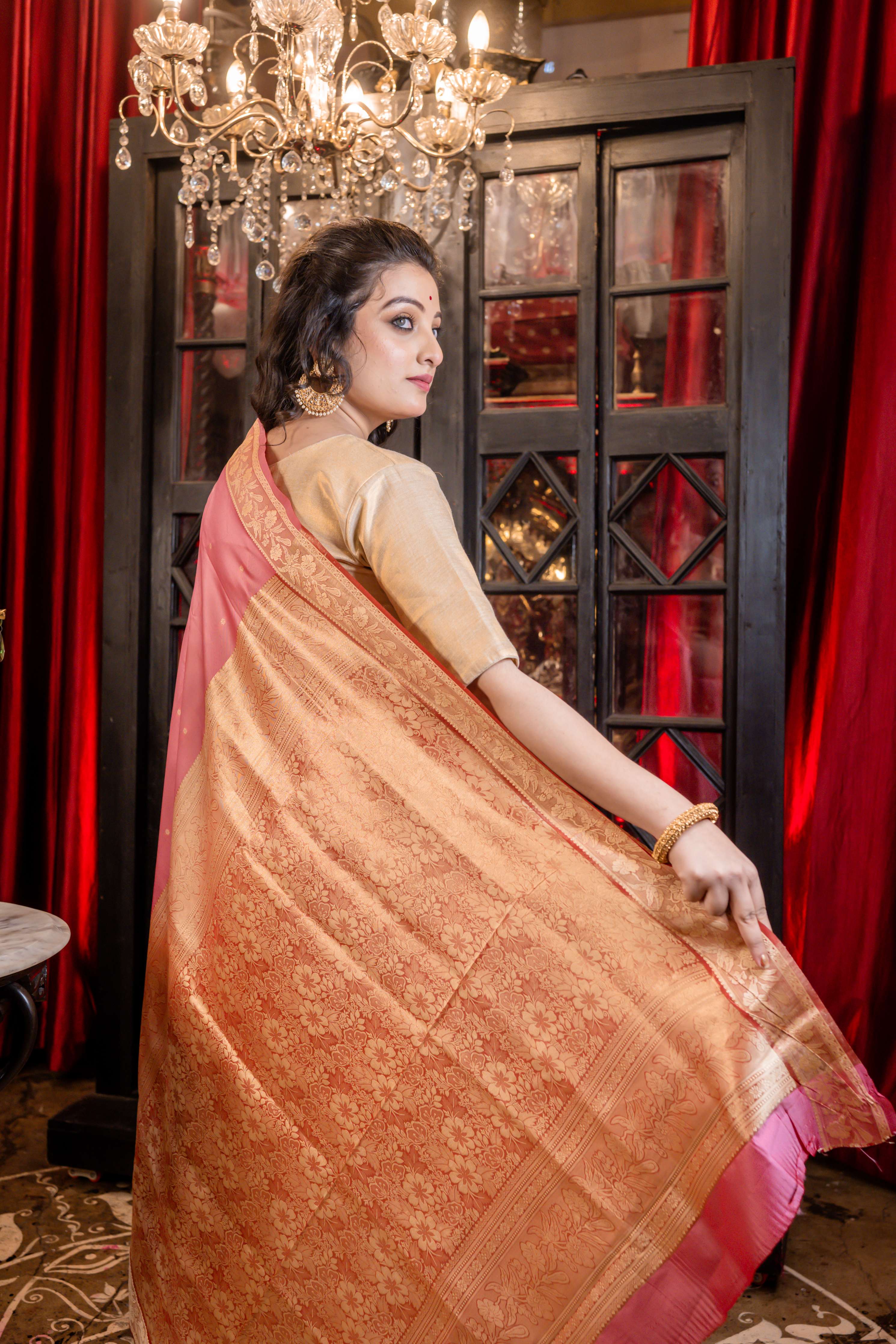 Soumya || Rose Pink Soft Katan Silk Banarasi Saree with all over Woven Resham Buti and Pallu in Antique Gold Zari highlights