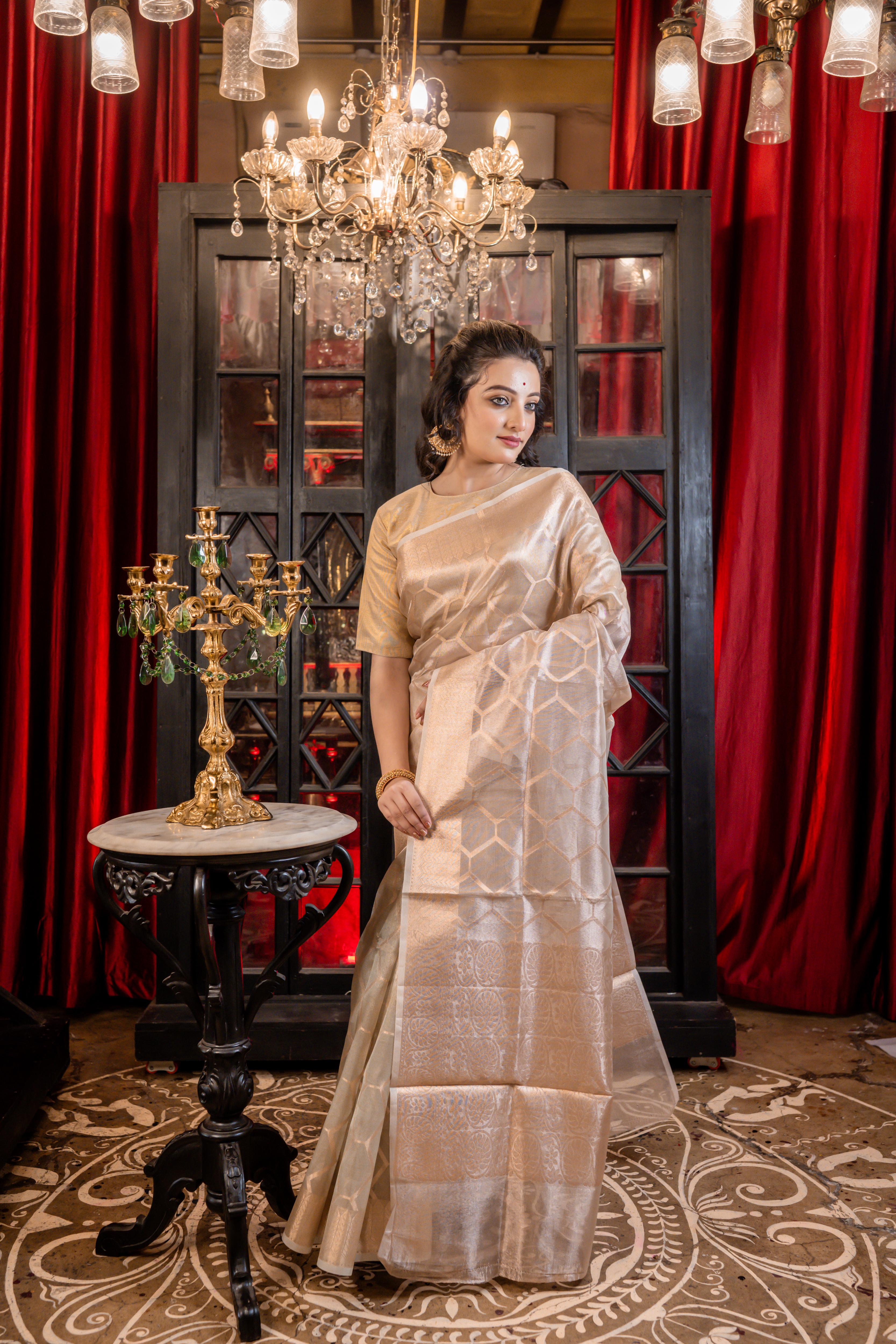 Amara || Light Golden Tissue Silk Banarasi Saree with all over Woven Honeycomb in Golden Zari