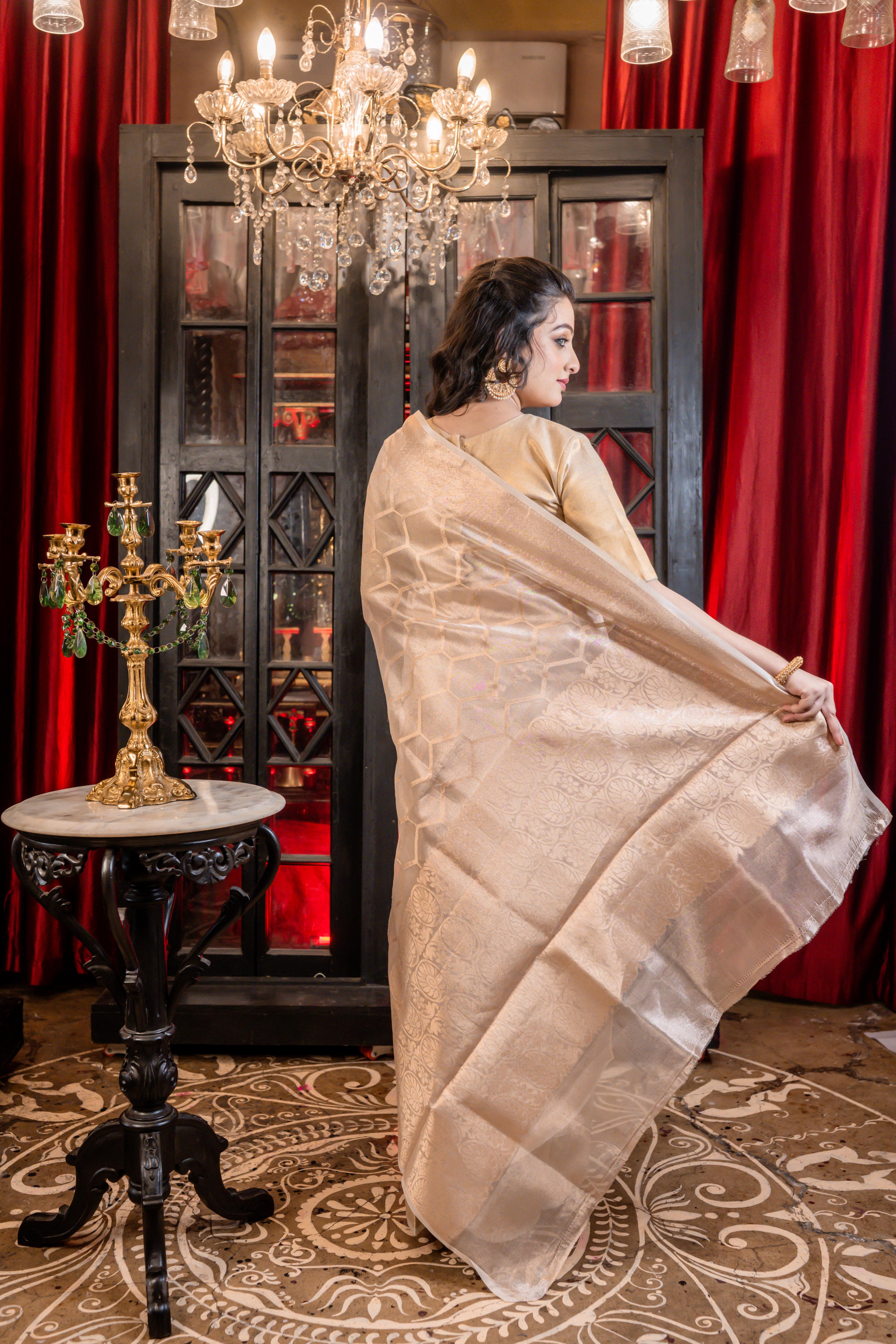 Amara || Light Golden Tissue Silk Banarasi Saree with all over Woven Honeycomb in Golden Zari