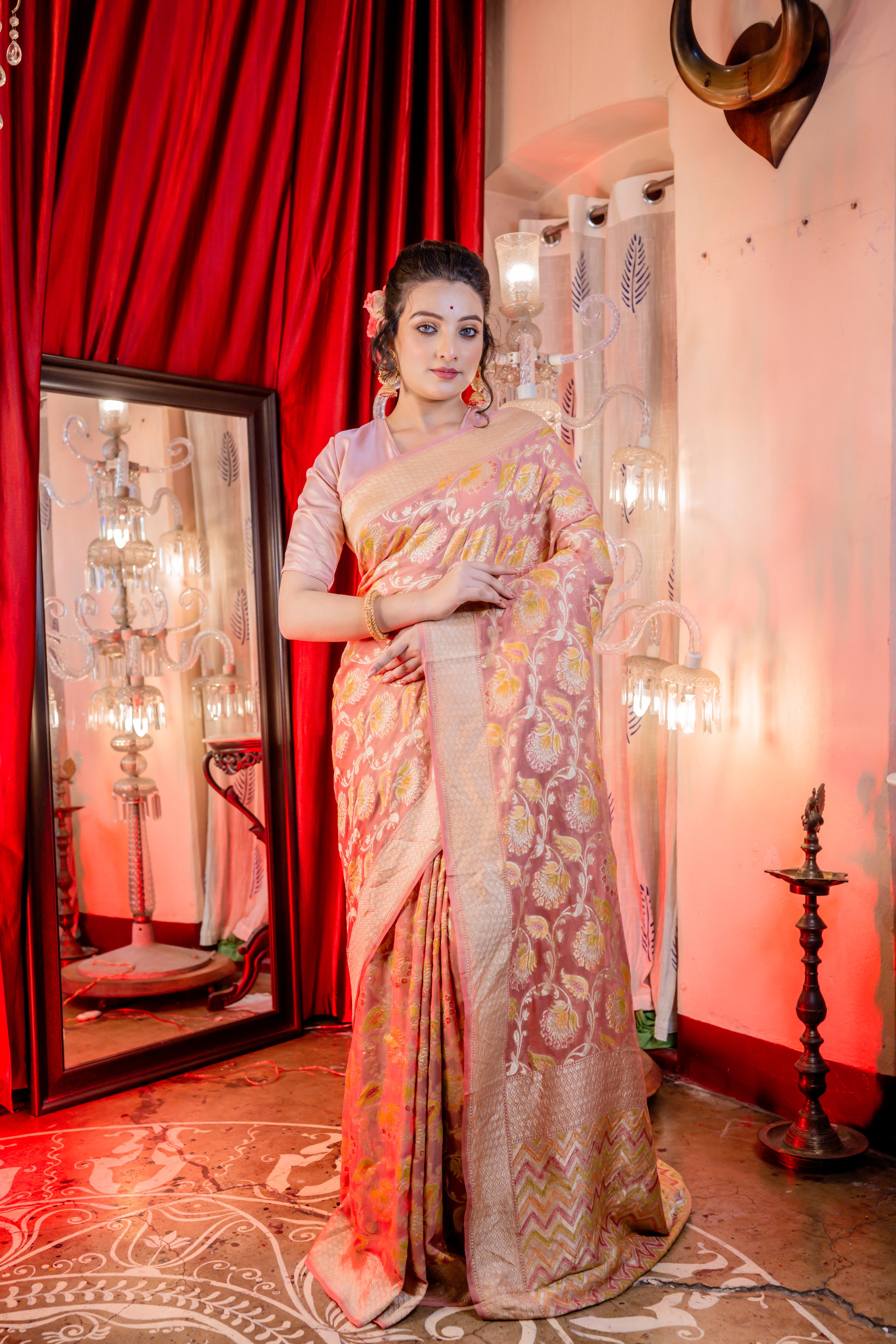 Anushka || Rose Taupe Khaddi Georgette Banarasi Saree with all over Rifling Handbrush Multi-colour & Matte Gold Zari Floral motif and Jaal