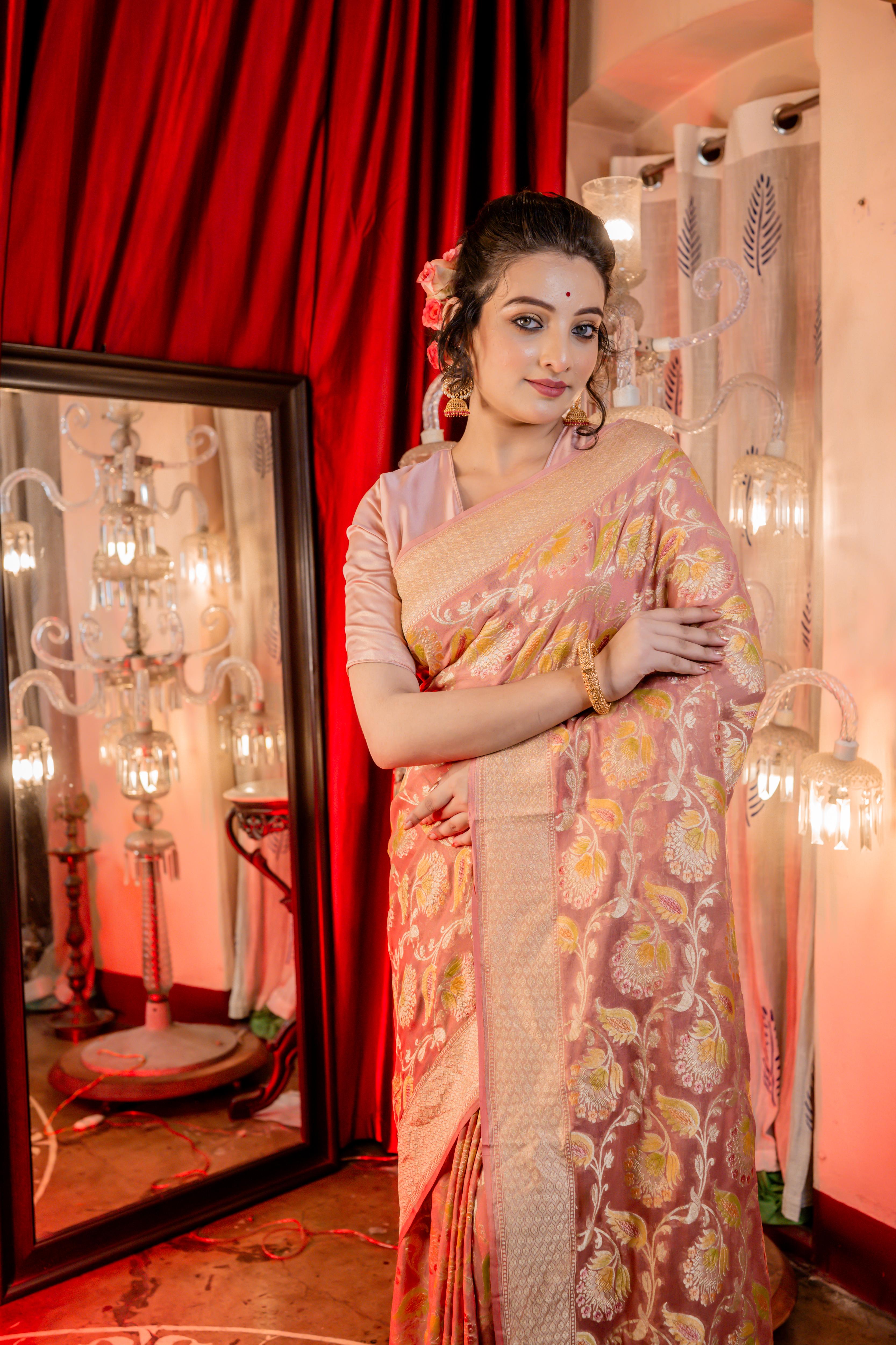 Anushka || Rose Taupe Khaddi Georgette Banarasi Saree with all over Rifling Handbrush Multi-colour & Matte Gold Zari Floral motif and Jaal