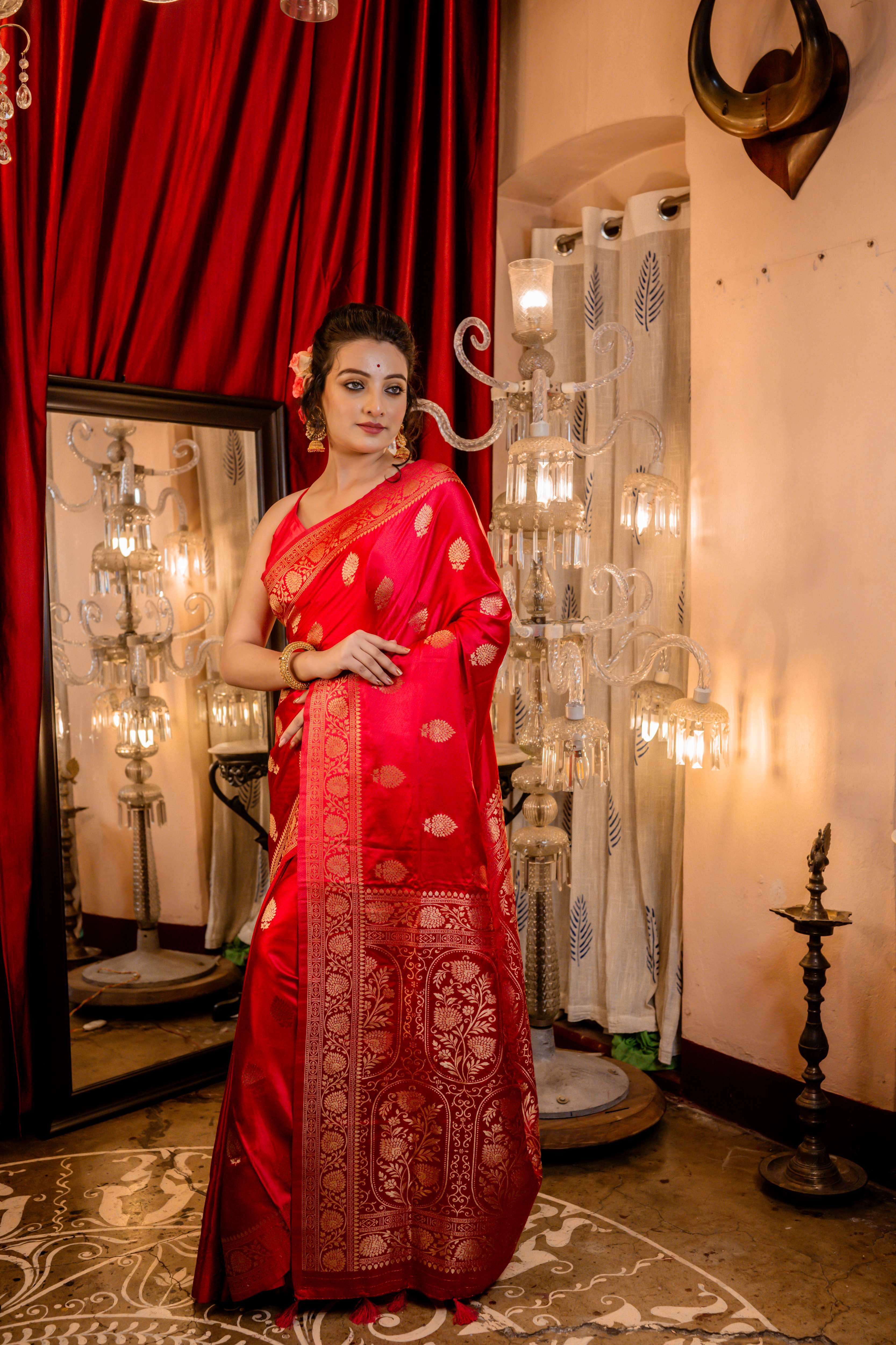 Manikya || Ruby Red Soft Mashru Silk Banarasi Saree with all over Antique Zari Buta & Border