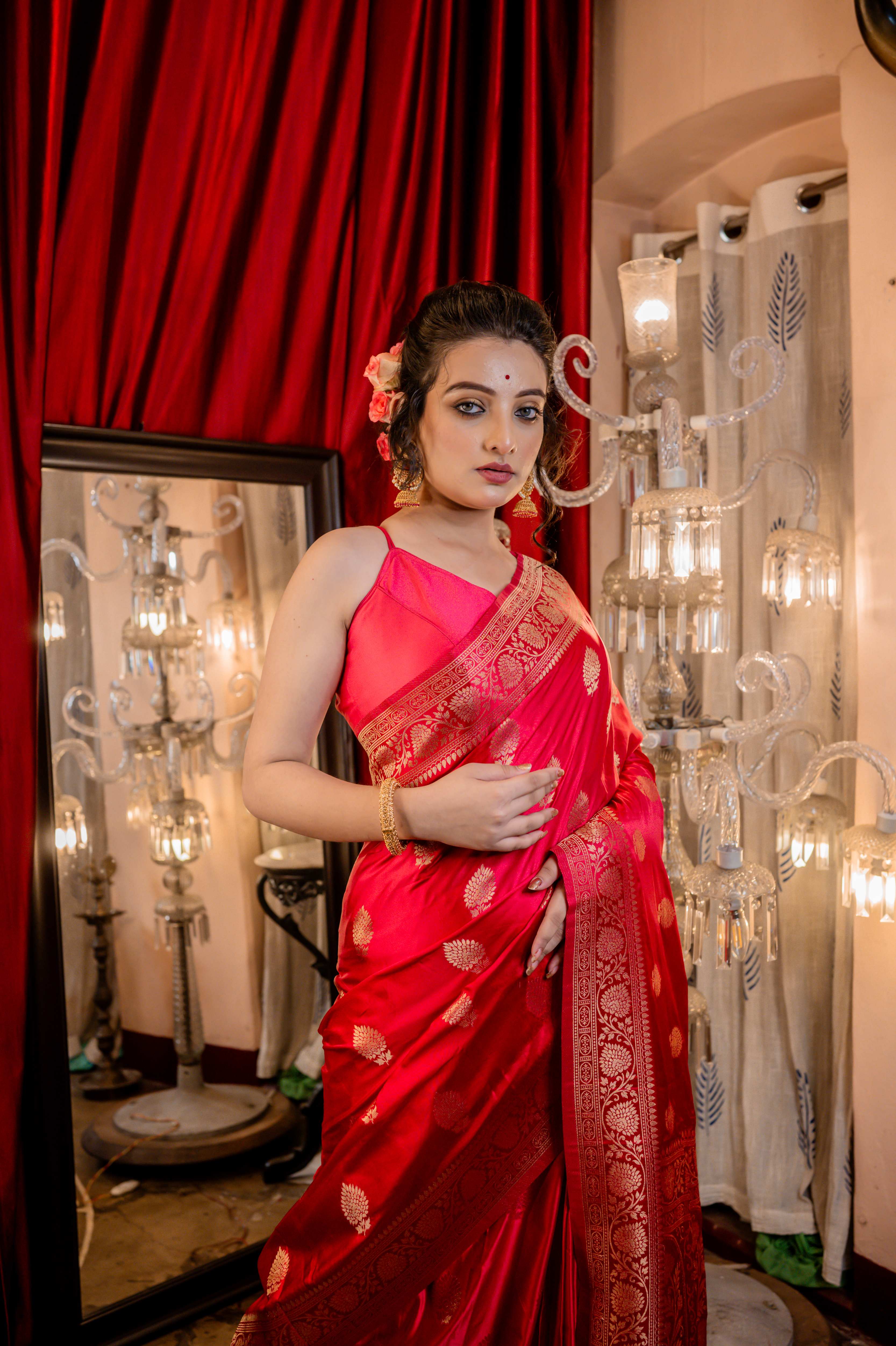 Manikya || Ruby Red Soft Mashru Silk Banarasi Saree with all over Antique Zari Buta & Border