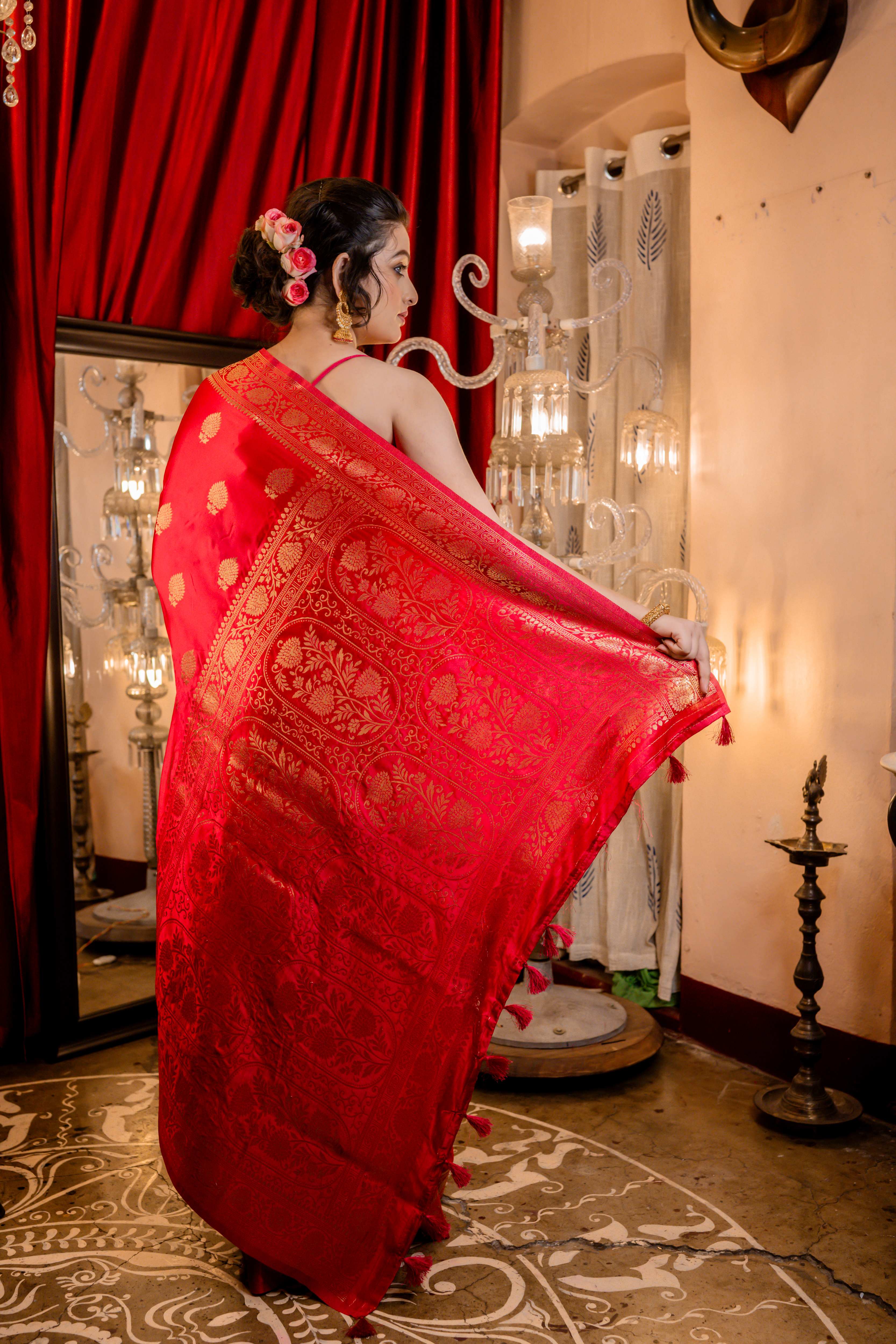 Manikya || Ruby Red Soft Mashru Silk Banarasi Saree with all over Antique Zari Buta & Border