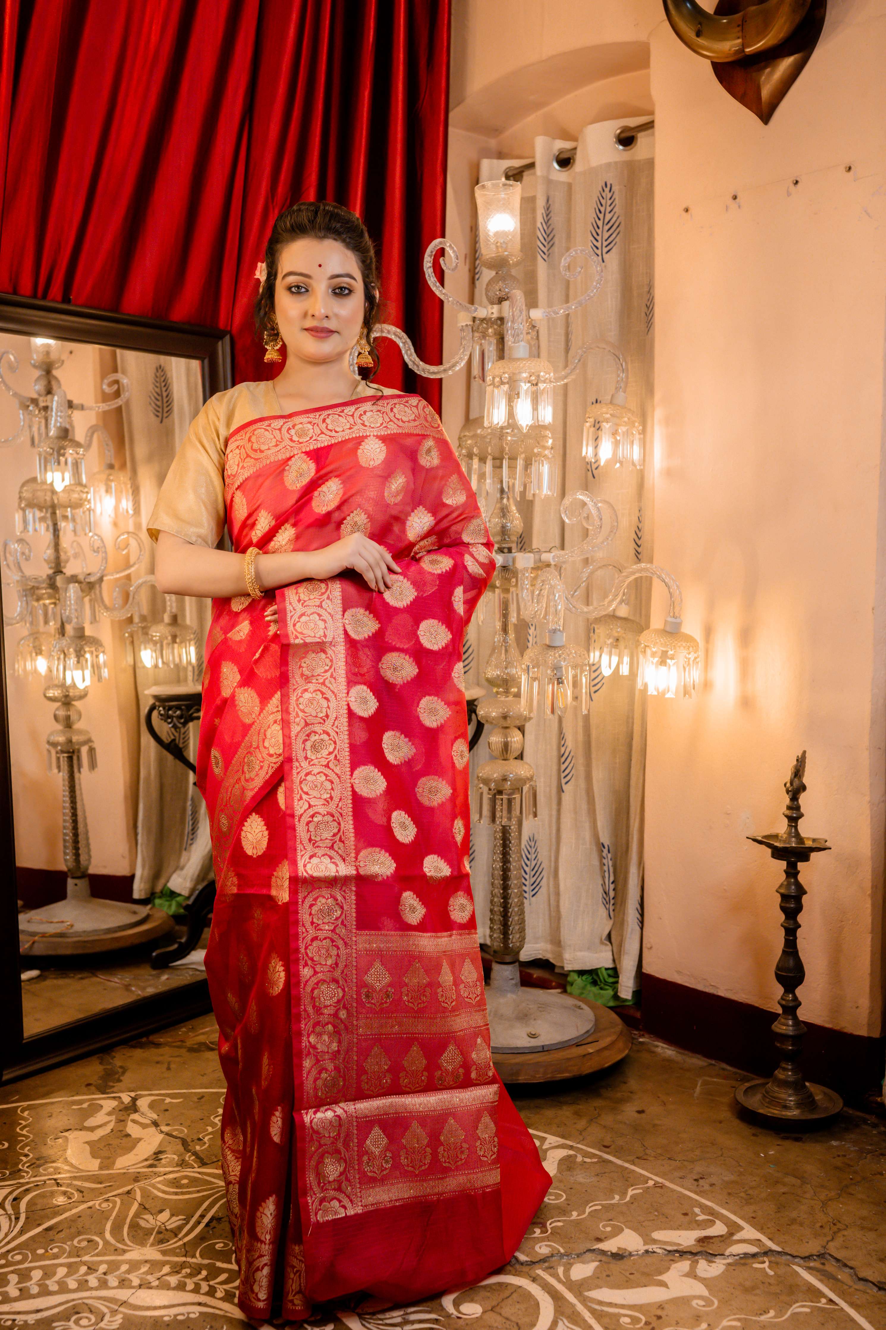 Ruby || Red Soft Silk Banarasi Saree with all over Matte Gold Zari Floral Buta, Brocade Pallu and Gold Rhinestone bead highlights