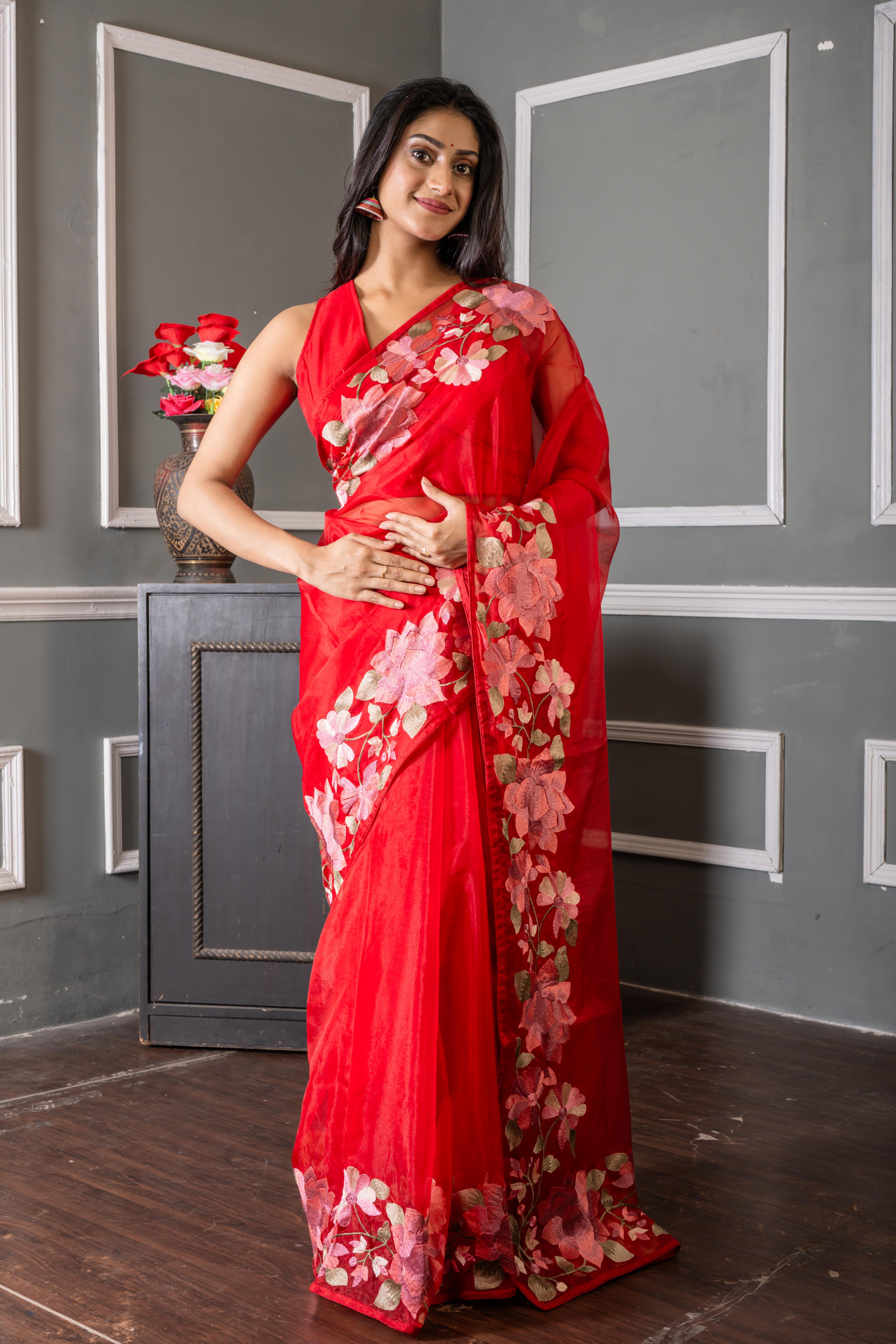 Rosie || Bright Red Soft Organza Saree with Plain Body and Multi-colour Resham Floral motif Embroidery Border