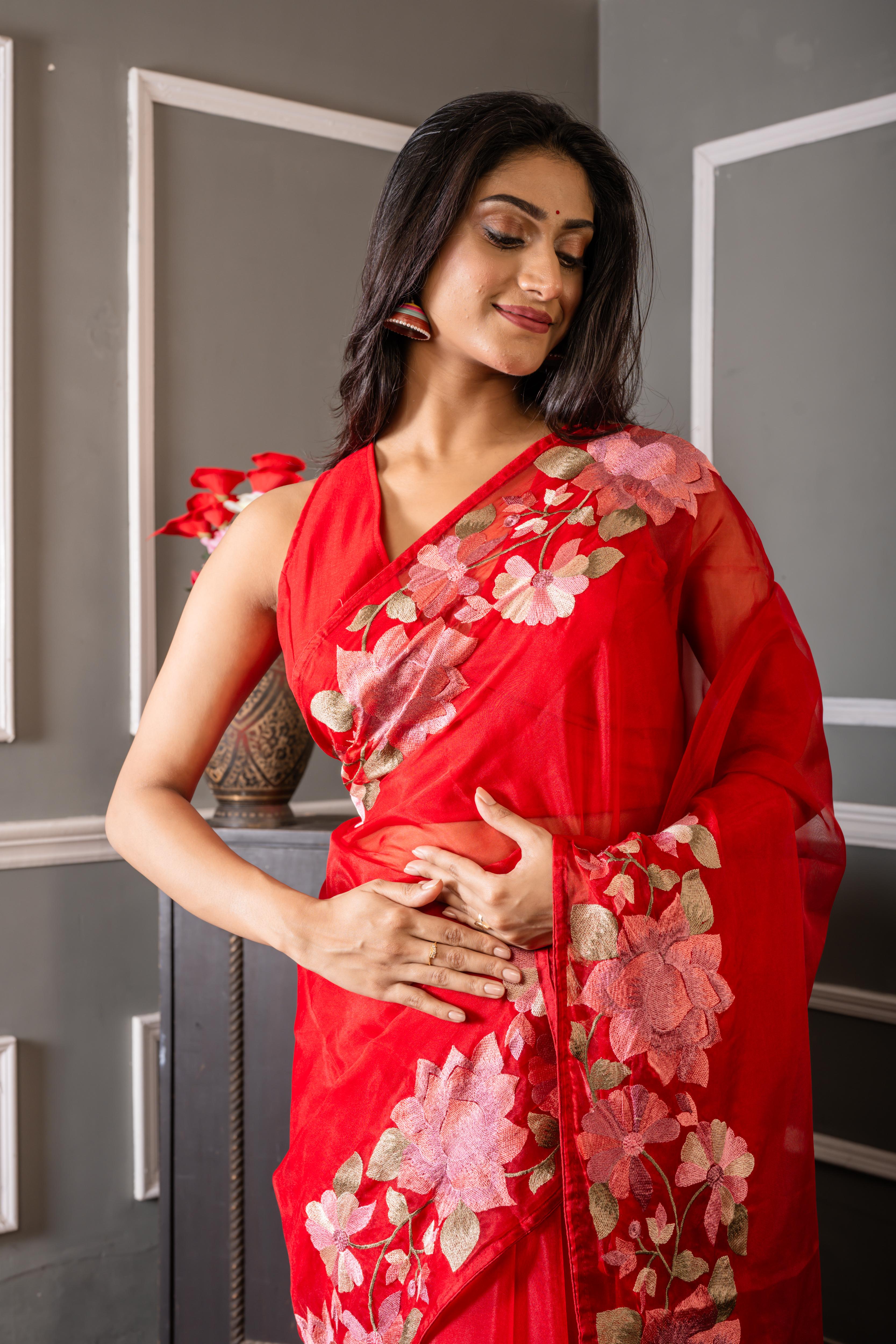 Rosie || Bright Red Soft Organza Saree with Plain Body and Multi-colour Resham Floral motif Embroidery Border
