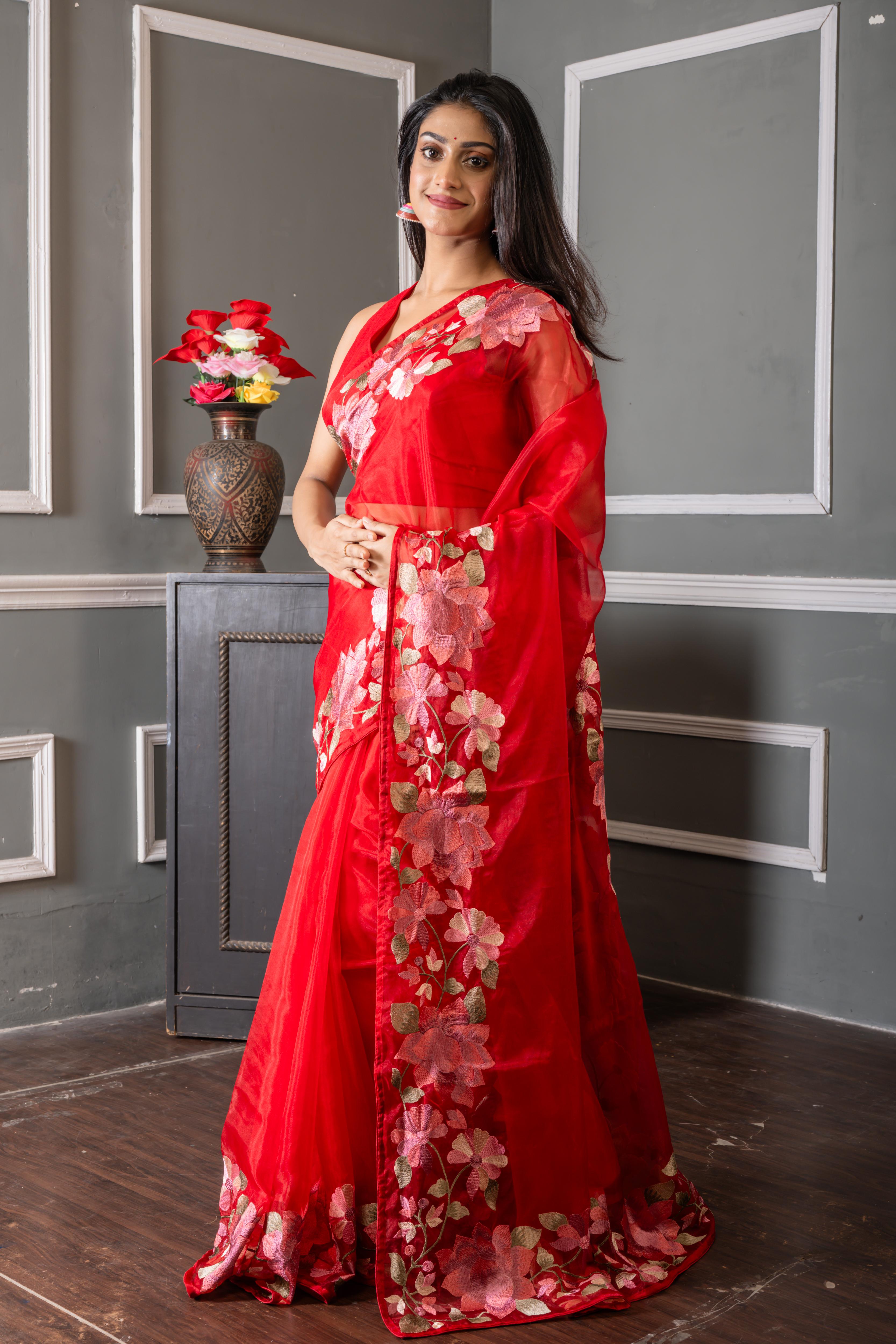 Rosie || Bright Red Soft Organza Saree with Plain Body and Multi-colour Resham Floral motif Embroidery Border