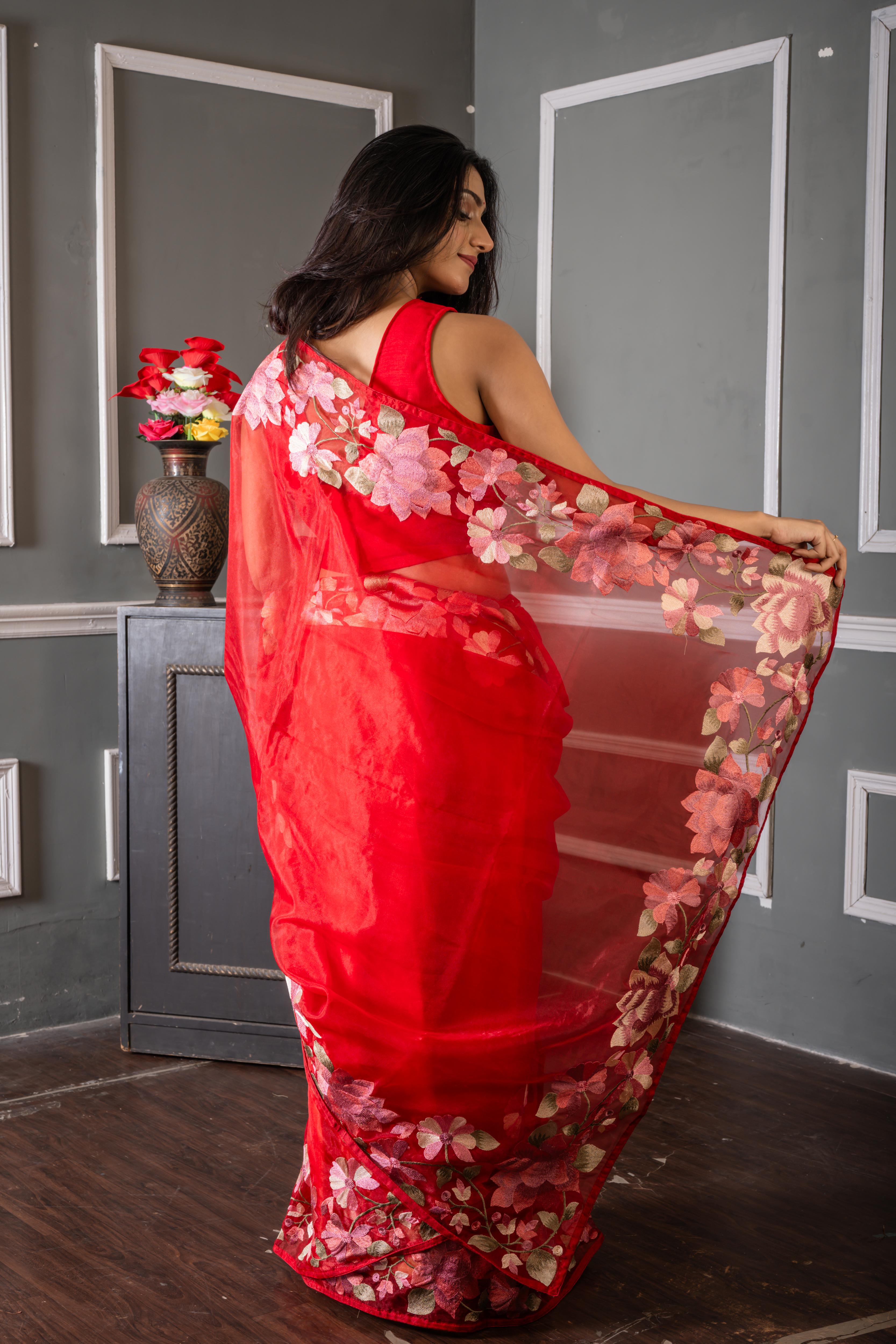 Rosie || Bright Red Soft Organza Saree with Plain Body and Multi-colour Resham Floral motif Embroidery Border