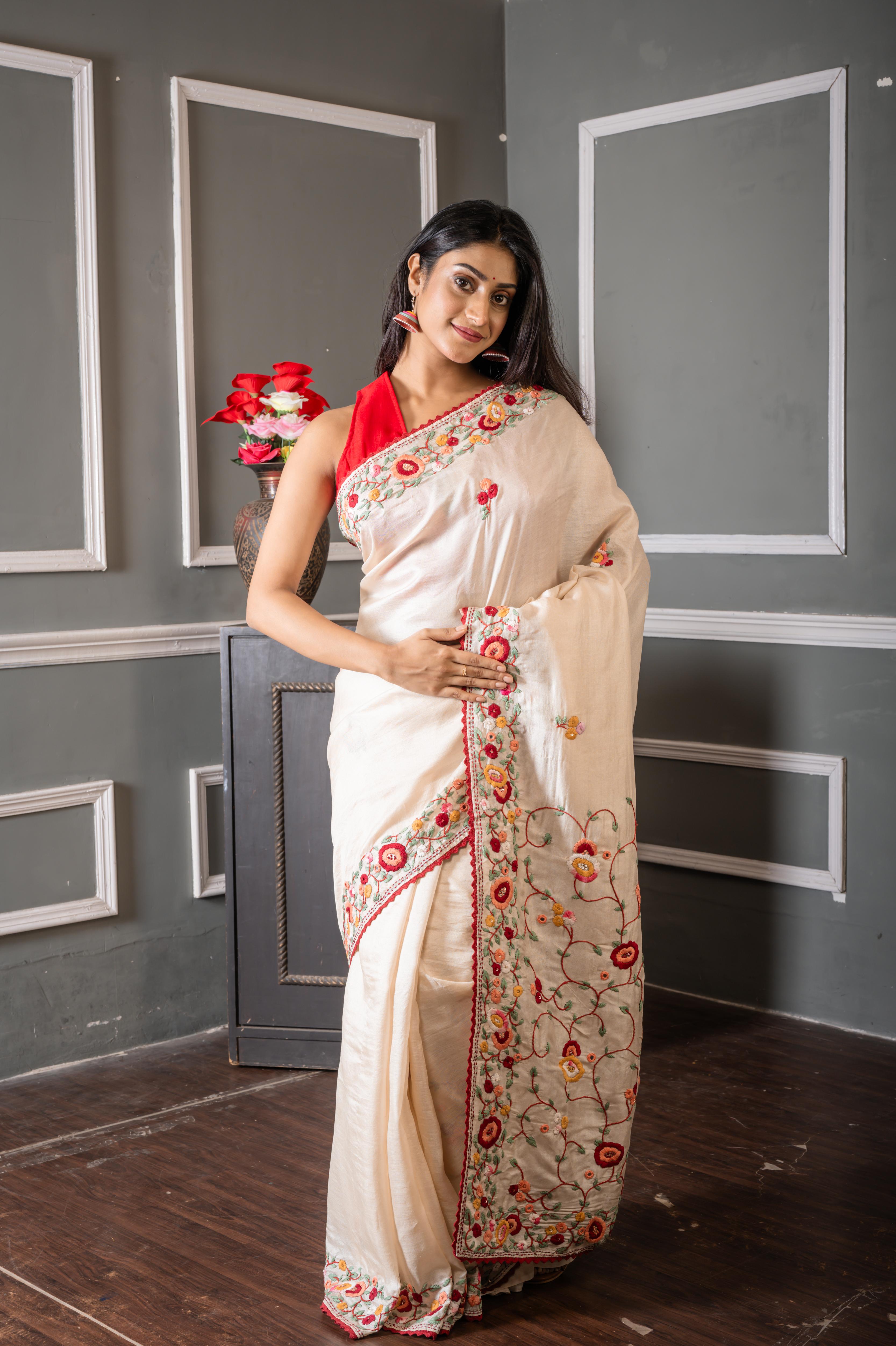 Madhushree || Off-White Pure Tussar Silk Hand Embroidery Saree with all over Multi-colour Resham Parsi Gara Floral motif and Sequins Highlights