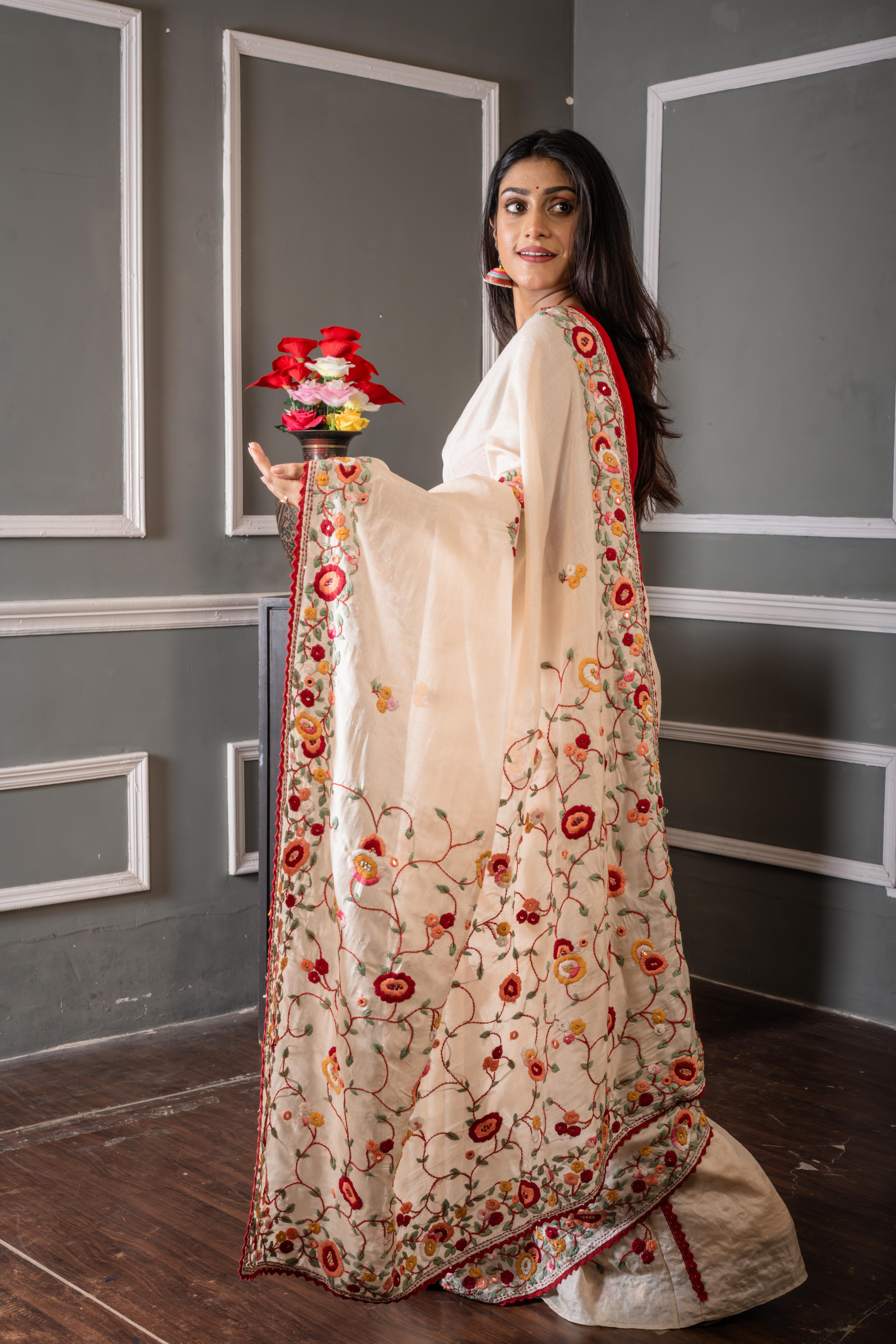 Madhushree || Off-White Pure Tussar Silk Hand Embroidery Saree with all over Multi-colour Resham Parsi Gara Floral motif and Sequins Highlights