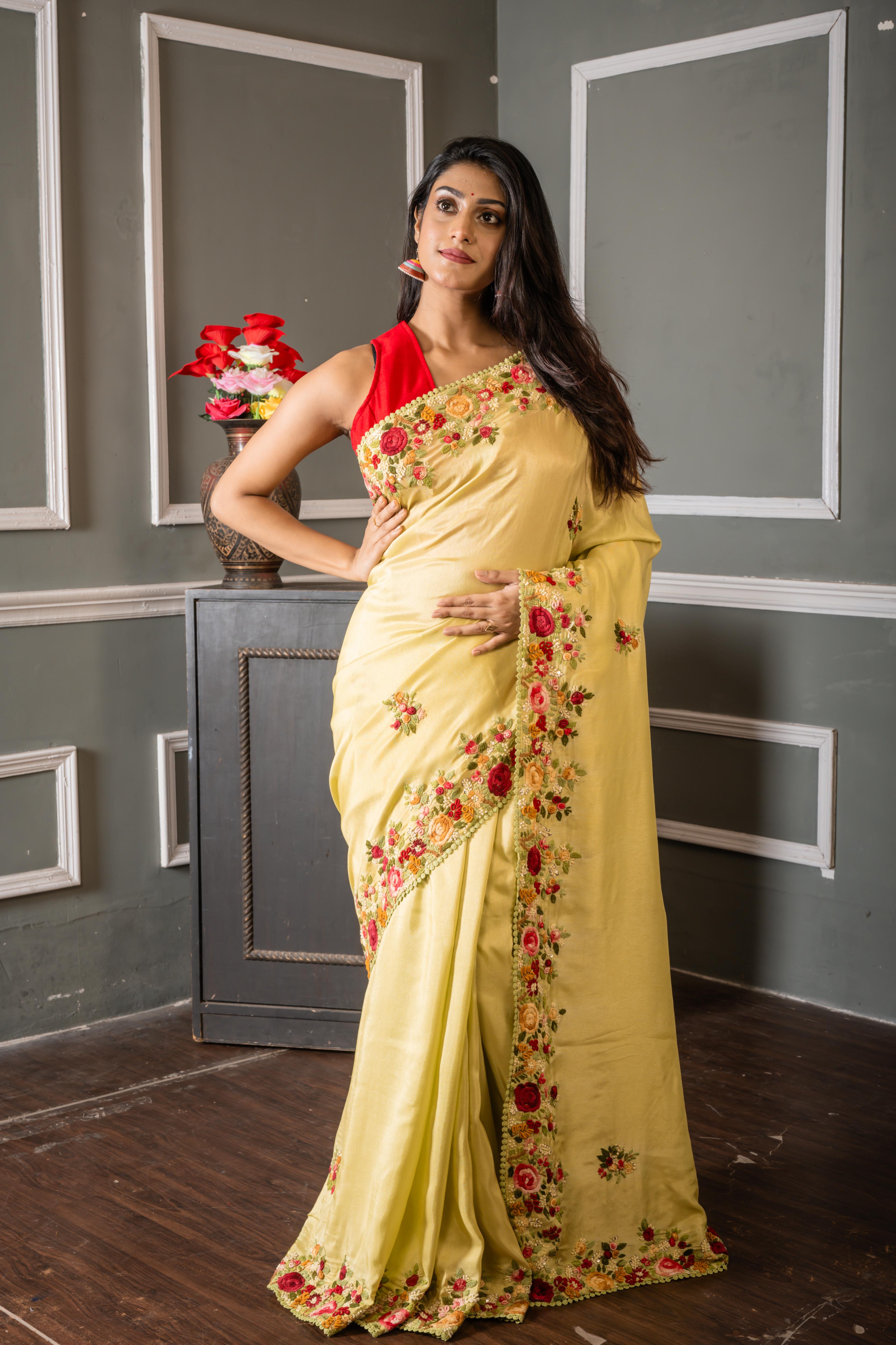 Shriya || Pista Green Russian Silk Hand Embroidery Saree with all over Multi-colour Resham Boolean Parsi Floral motif and Sequins Highlights