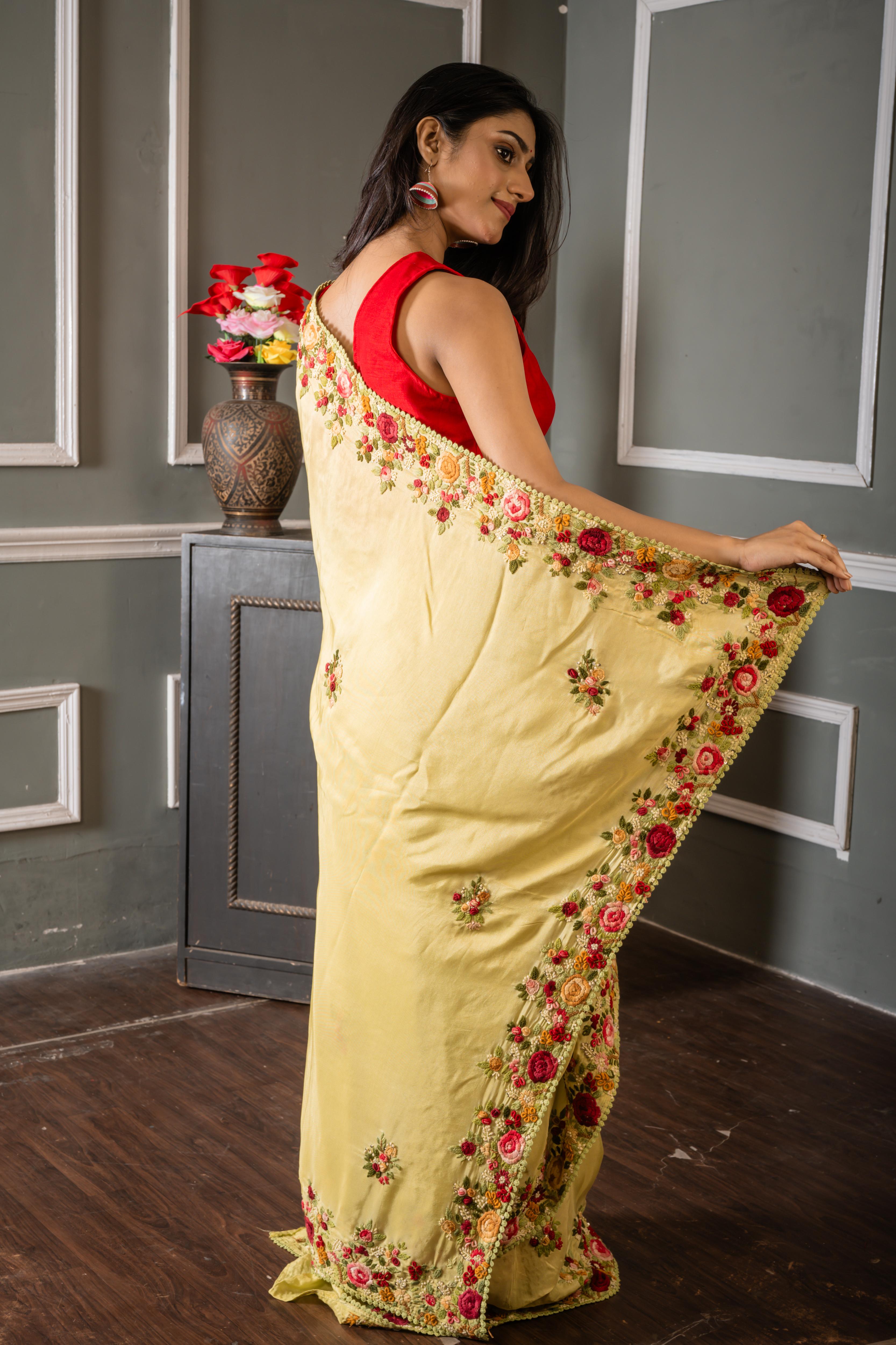 Shriya || Pista Green Russian Silk Hand Embroidery Saree with all over Multi-colour Resham Boolean Parsi Floral motif and Sequins Highlights