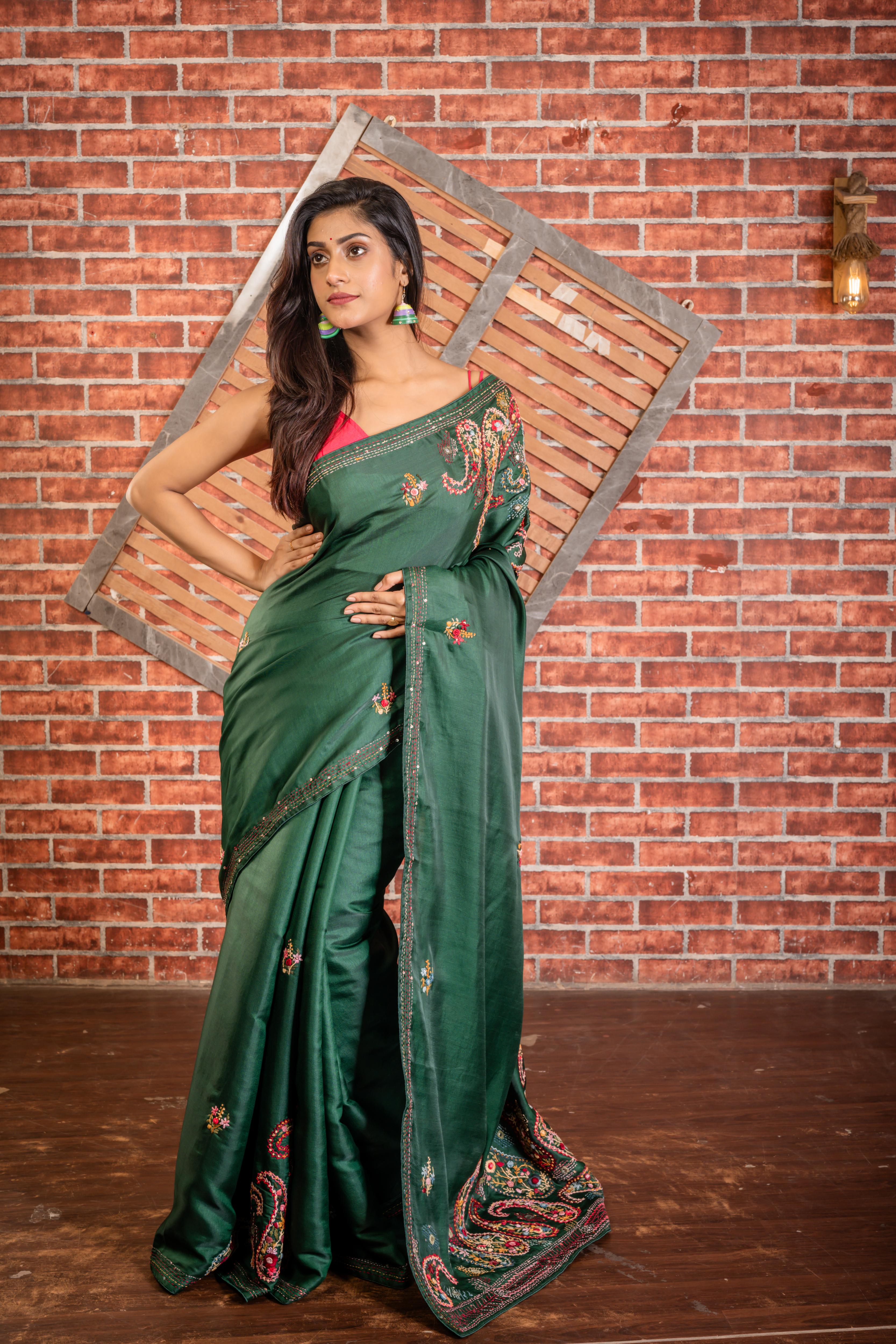 Vrinda || Bottle Green Soft Tussar Silk Hand Embroidery Saree with all over Multi-colour Resham Boolean Floral motif and Sequins & Mirror Highlights