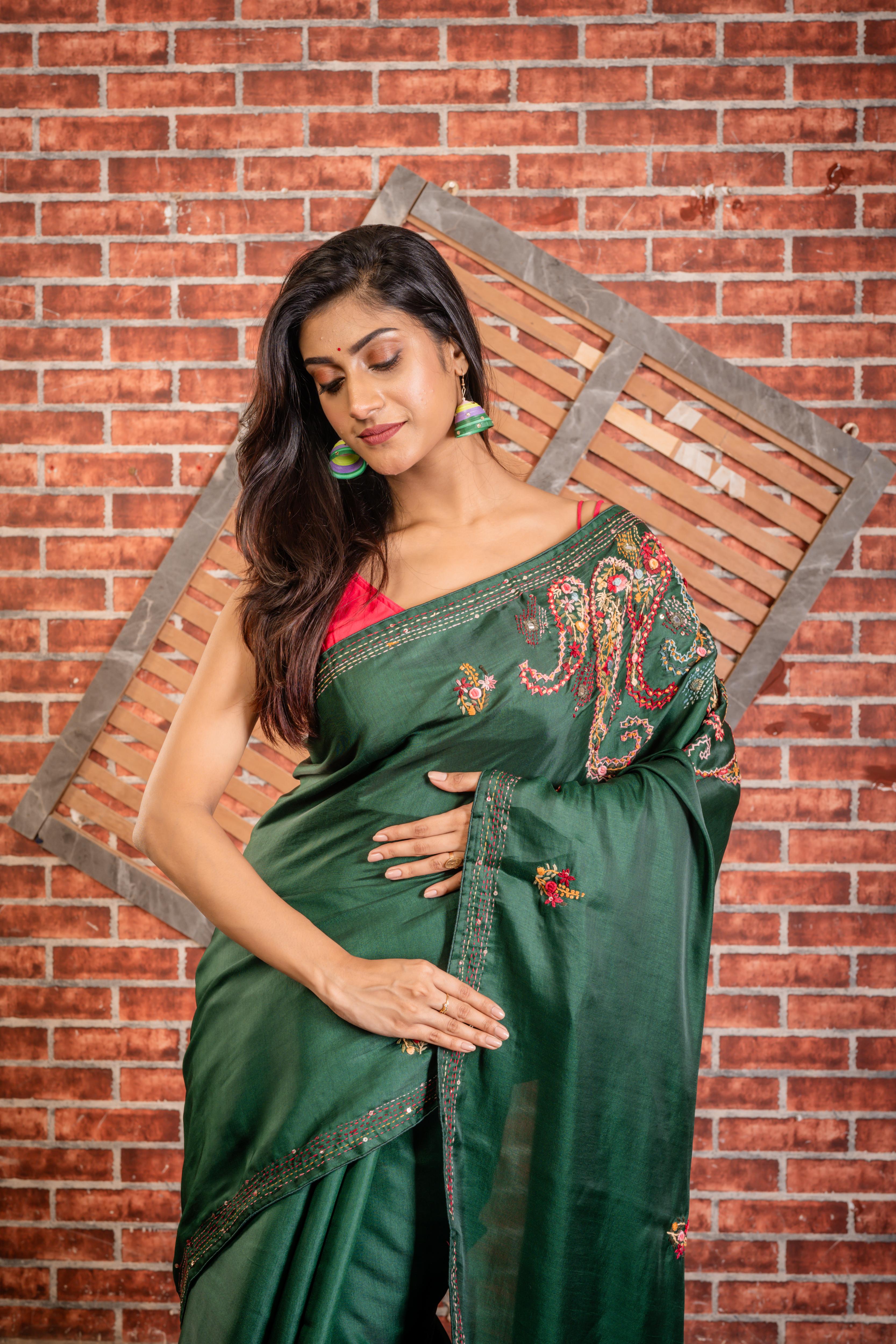 Vrinda || Bottle Green Soft Tussar Silk Hand Embroidery Saree with all over Multi-colour Resham Boolean Floral motif and Sequins & Mirror Highlights