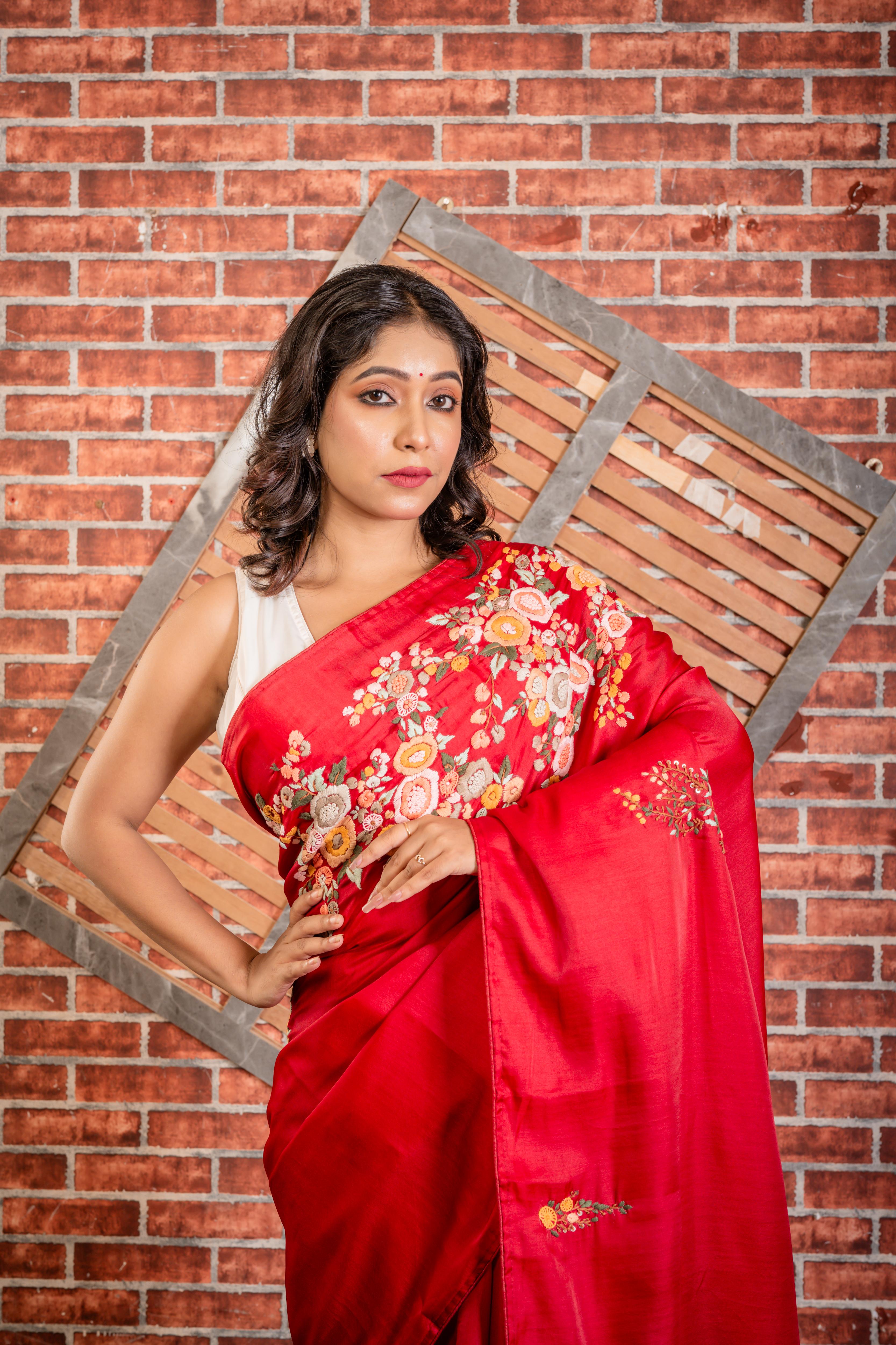 Aisha || Crimson Red Soft Tussar Silk Hand Embroidery Saree with all over Multi-colour Resham Boolean Floral motif & Sequins Highlights