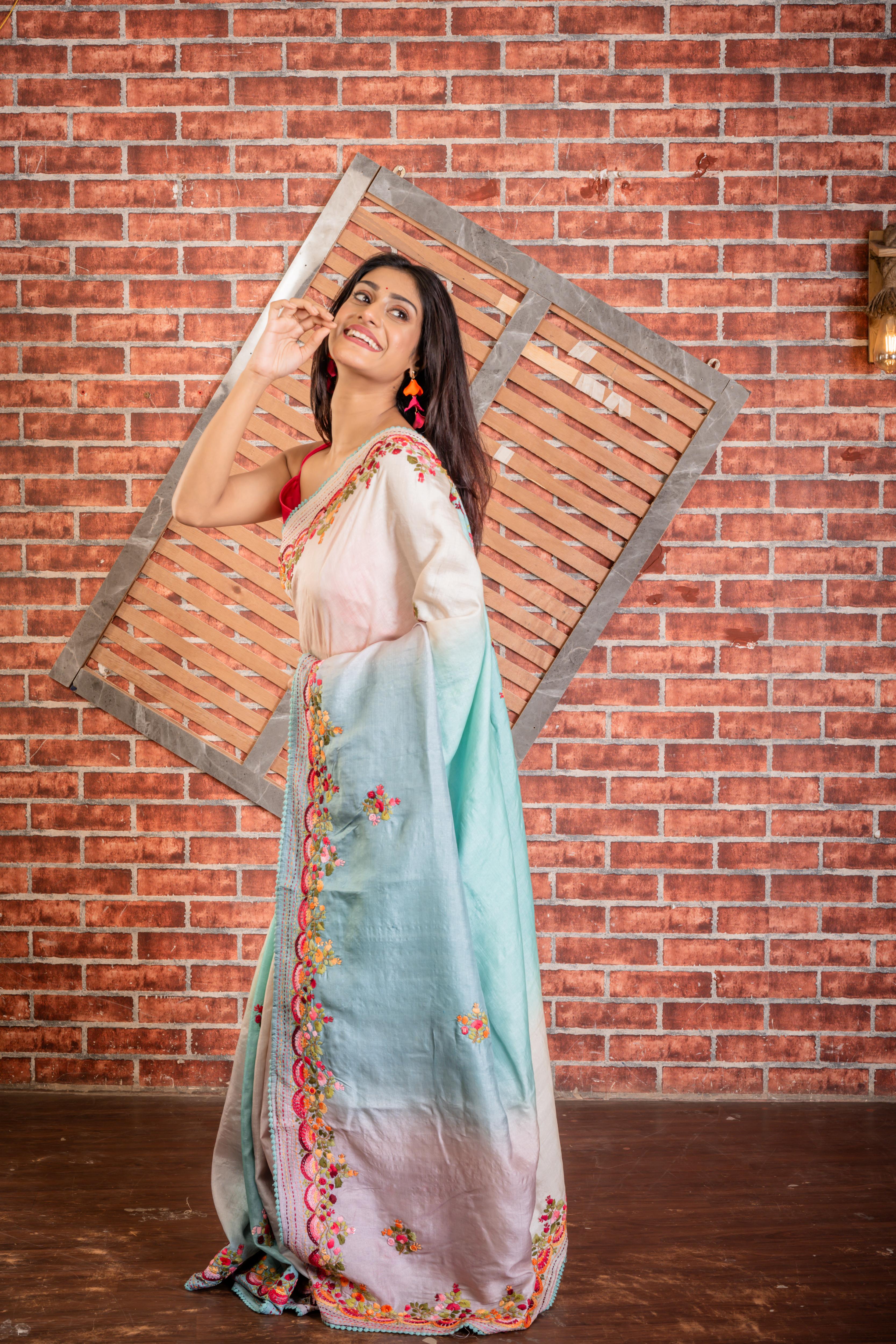 Rashi || Off-white-Sky Blue-Dusty Blue-Lavender shade 4D Tie & Dye Pure Tussar Silk Hand Embroidery Saree with all over Multi-colour Resham Boolean Floral motif and Sequins Highlights