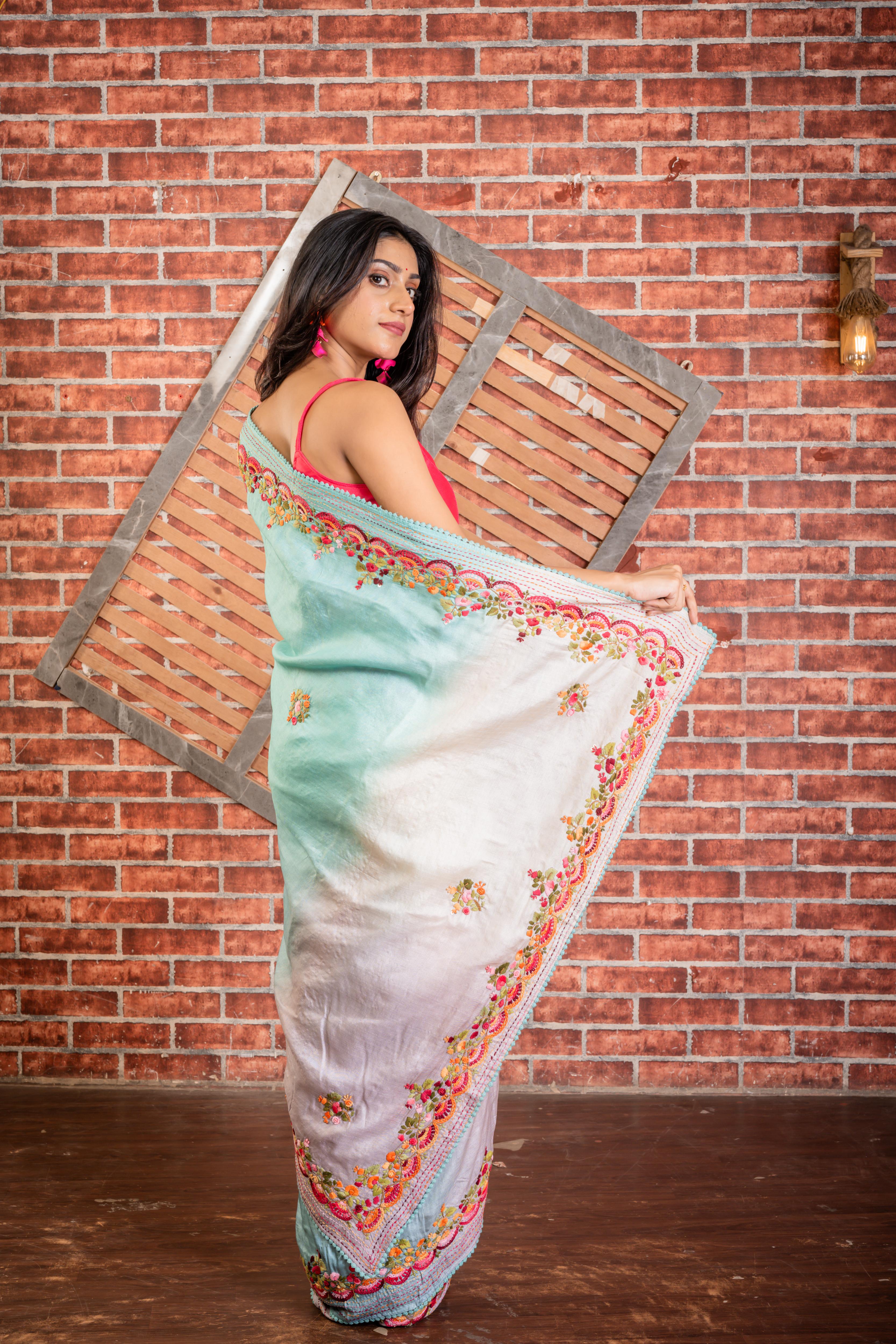 Rashi || Off-white-Sky Blue-Dusty Blue-Lavender shade 4D Tie & Dye Pure Tussar Silk Hand Embroidery Saree with all over Multi-colour Resham Boolean Floral motif and Sequins Highlights