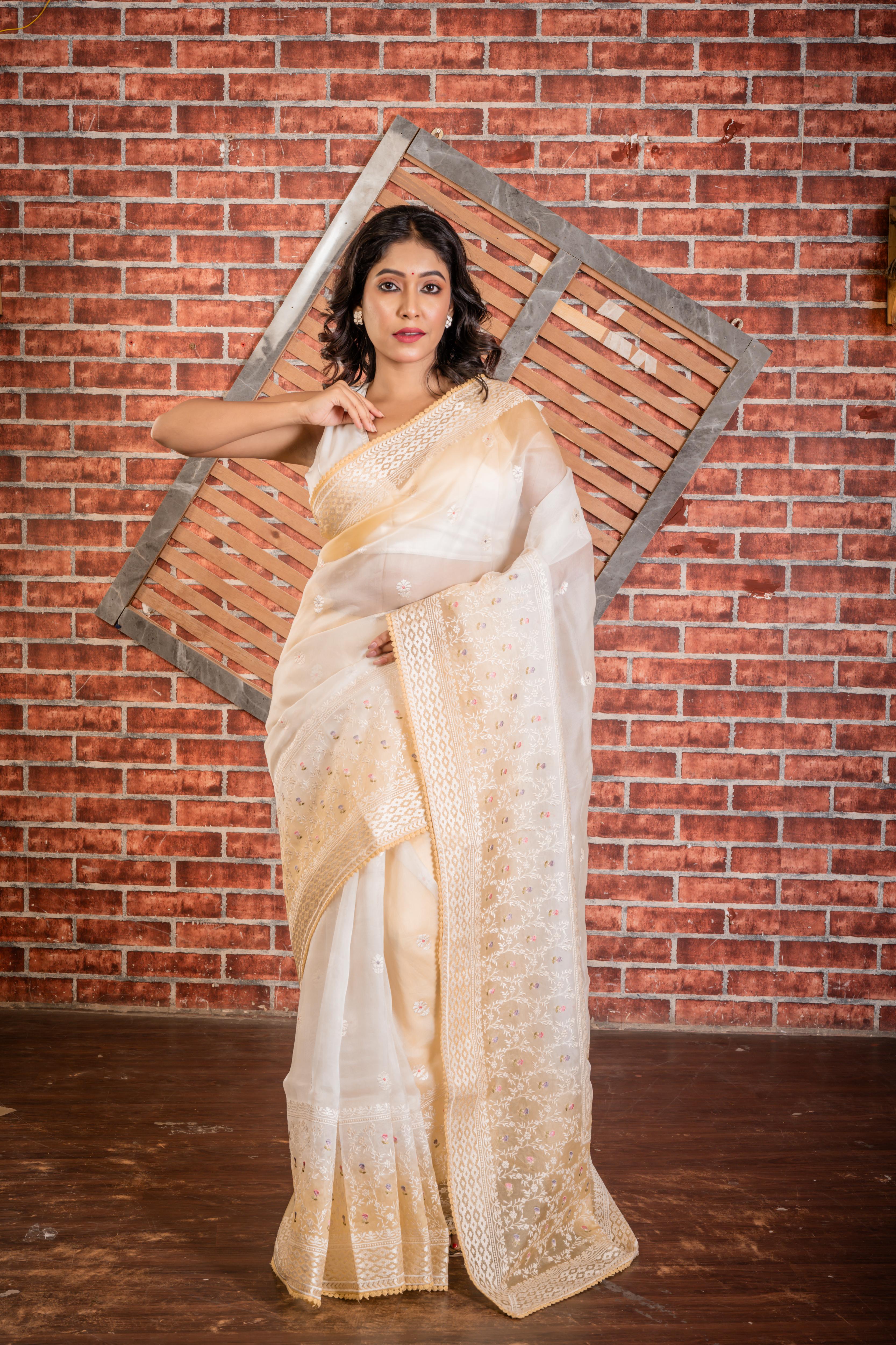 Vatika || Off-White & Lemon Yellow Pure Organza Saree with all over Multi-colour Resham Floral Buti