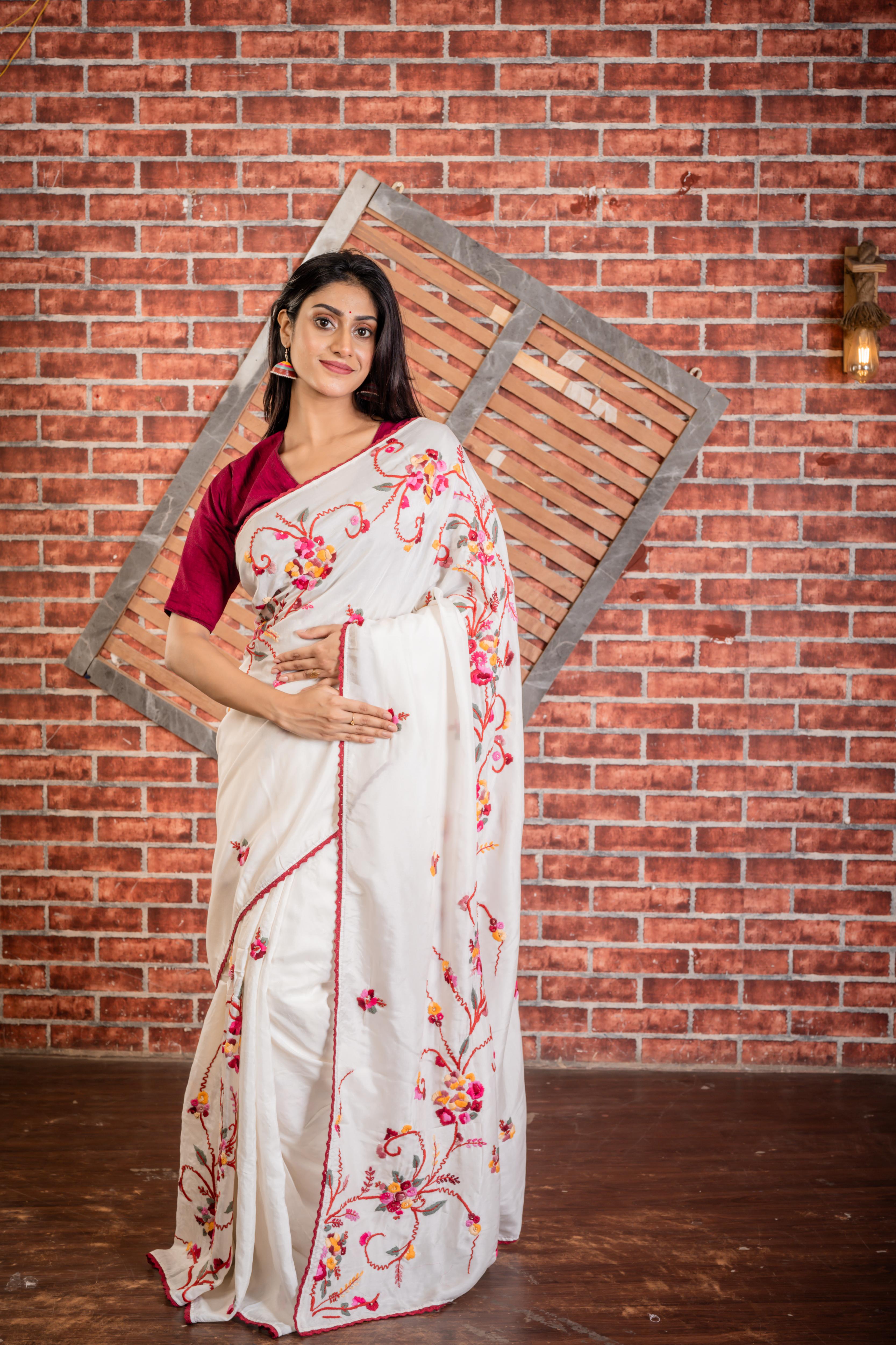 Jasmine || White Russian Silk Hand Embroidery Saree with all over Multi-colour Resham Boolean Parsi Floral motif and Sequins Highlights