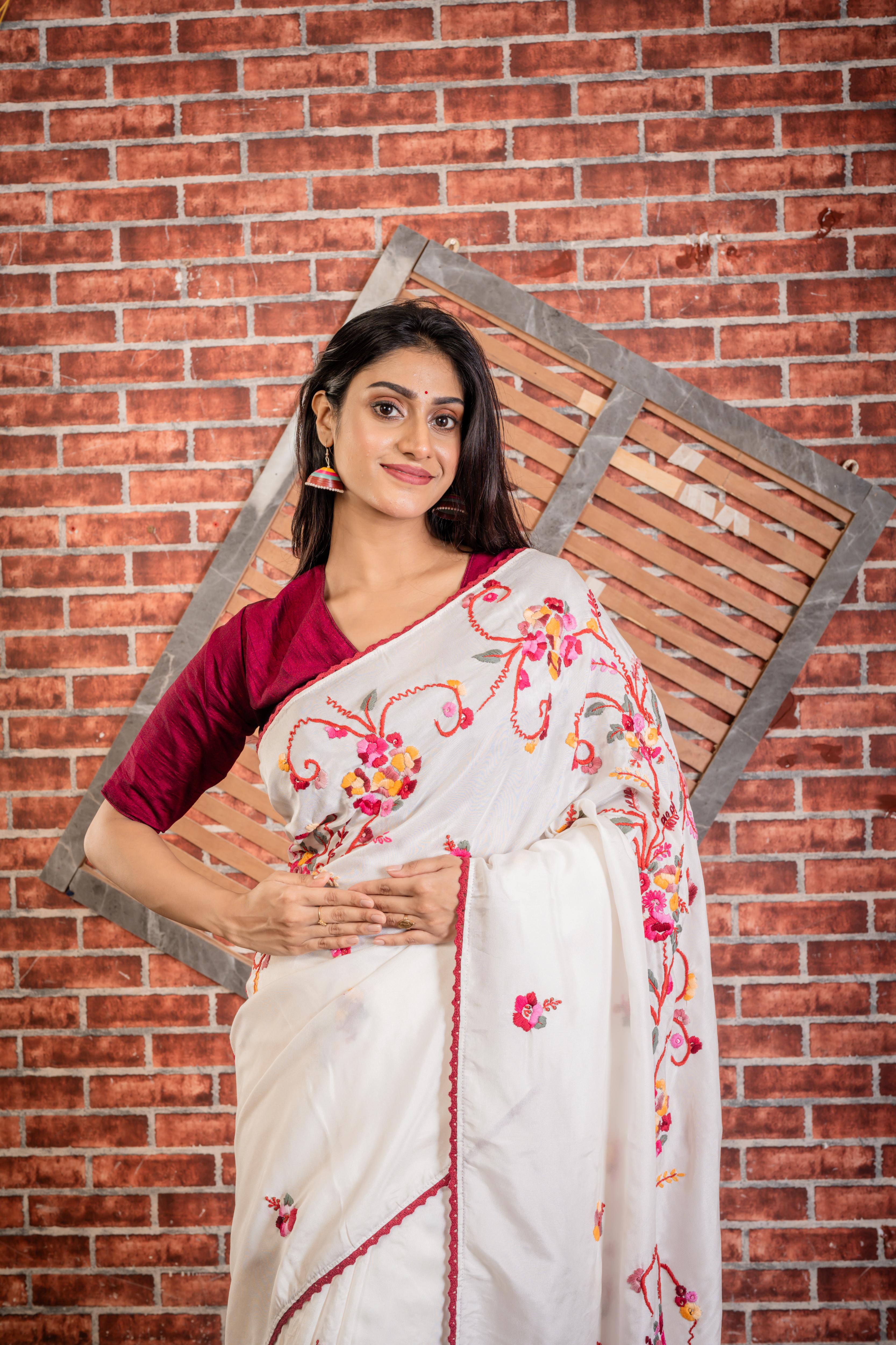 Jasmine || White Russian Silk Hand Embroidery Saree with all over Multi-colour Resham Boolean Parsi Floral motif and Sequins Highlights