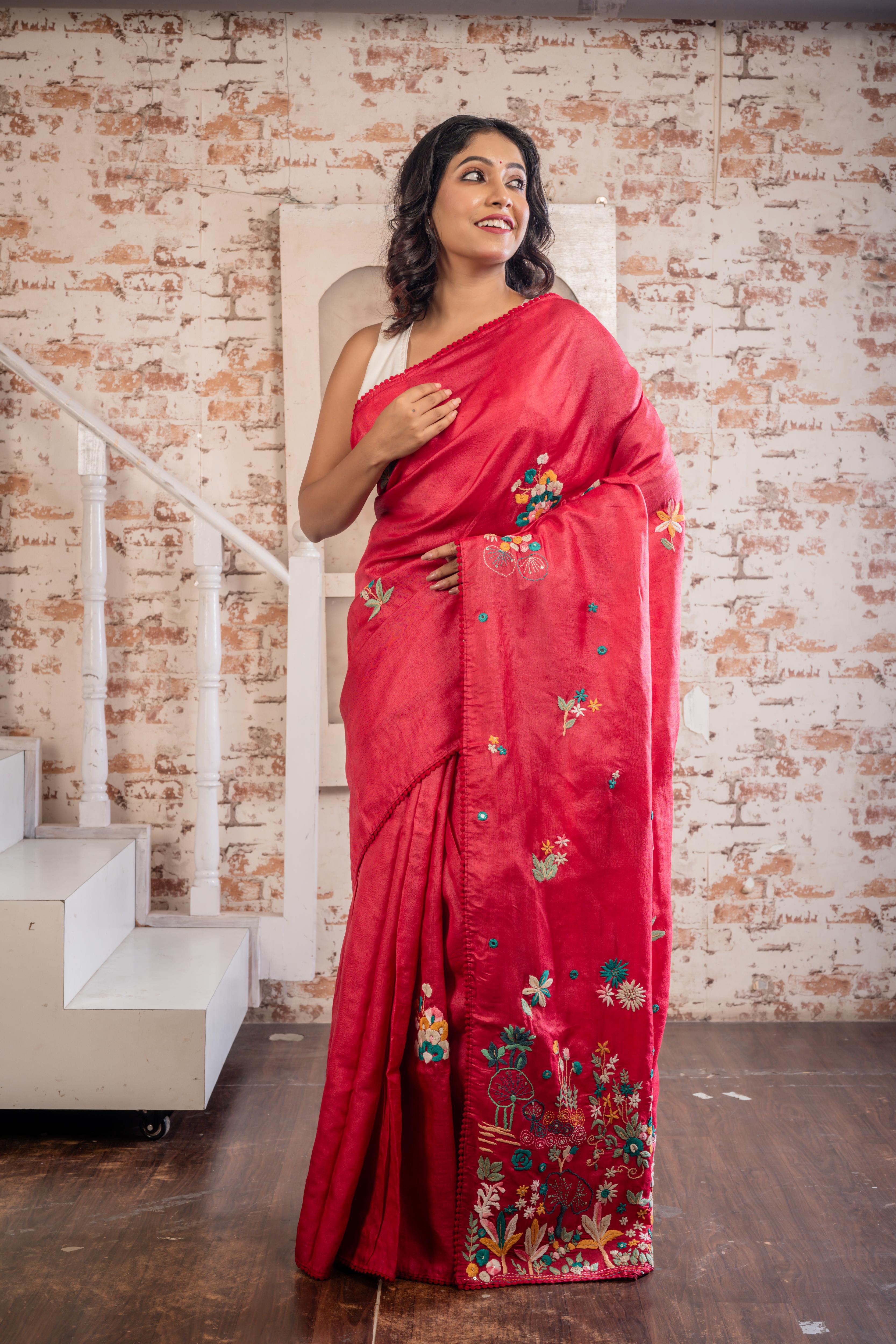 Arushi || Carmine Red Pure Tussar Silk Hand Embroidery Saree with all over Multi-colour Resham Boolean Floral motif and Sequins & Mirror Highlights