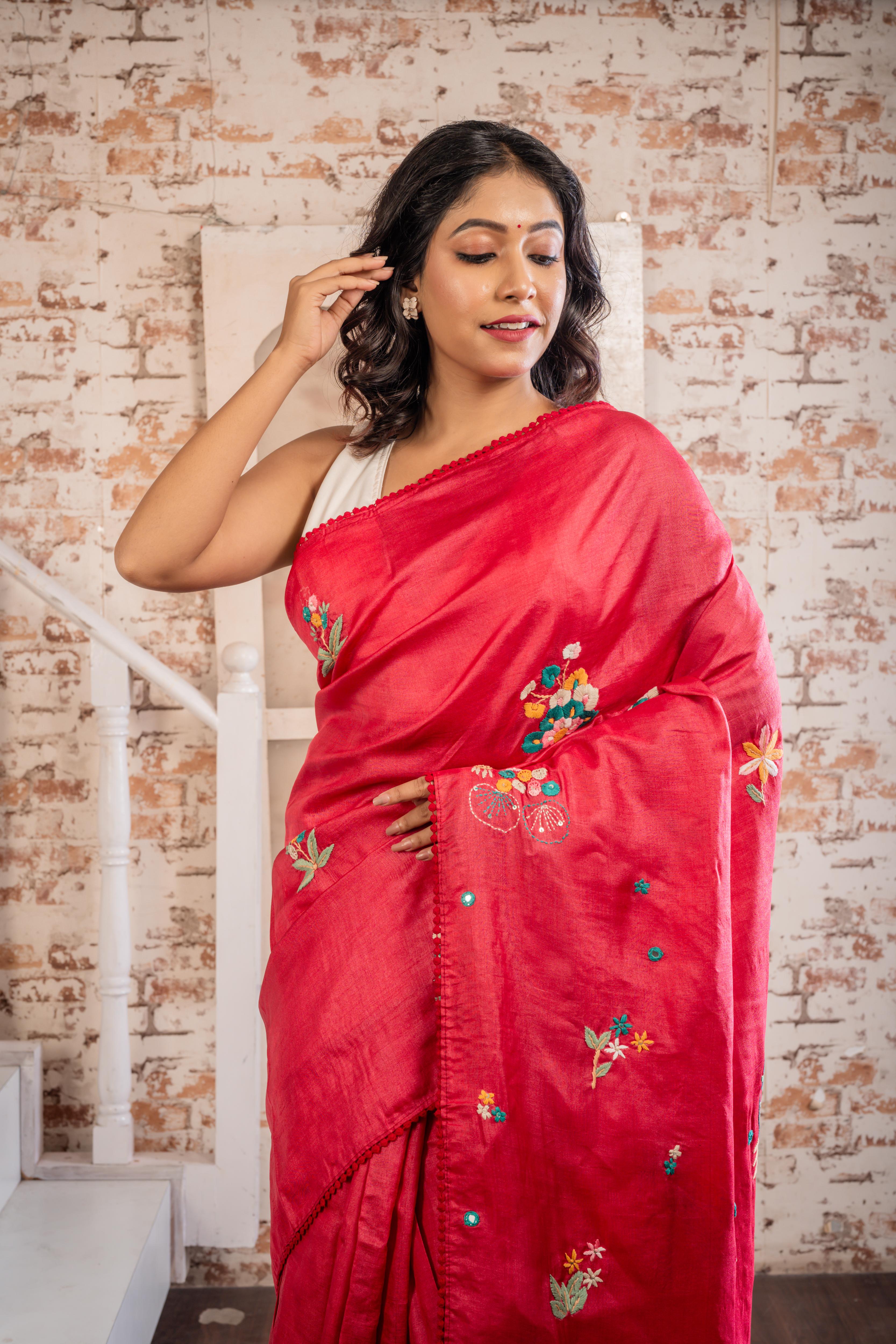Arushi || Carmine Red Pure Tussar Silk Hand Embroidery Saree with all over Multi-colour Resham Boolean Floral motif and Sequins & Mirror Highlights