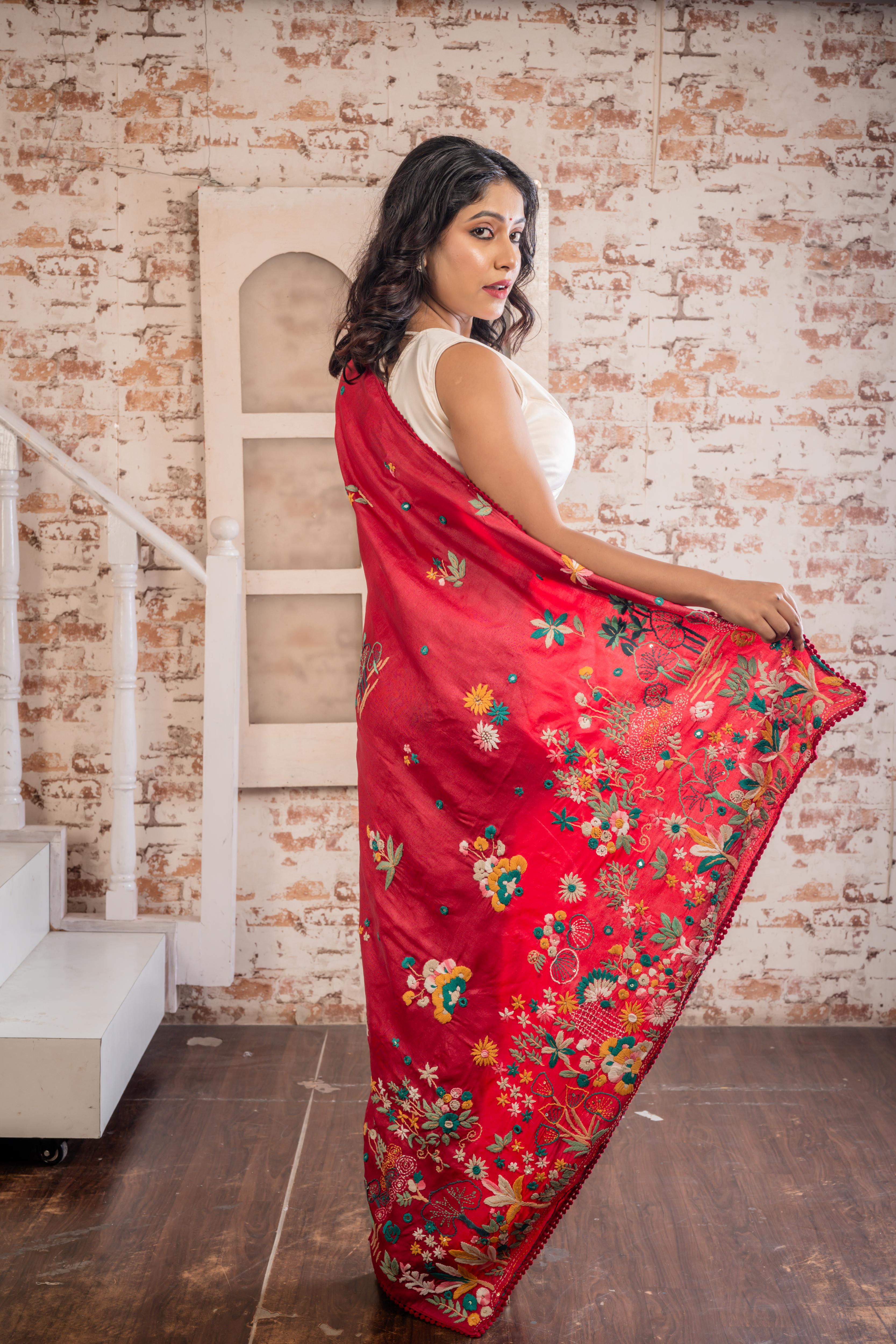 Arushi || Carmine Red Pure Tussar Silk Hand Embroidery Saree with all over Multi-colour Resham Boolean Floral motif and Sequins & Mirror Highlights