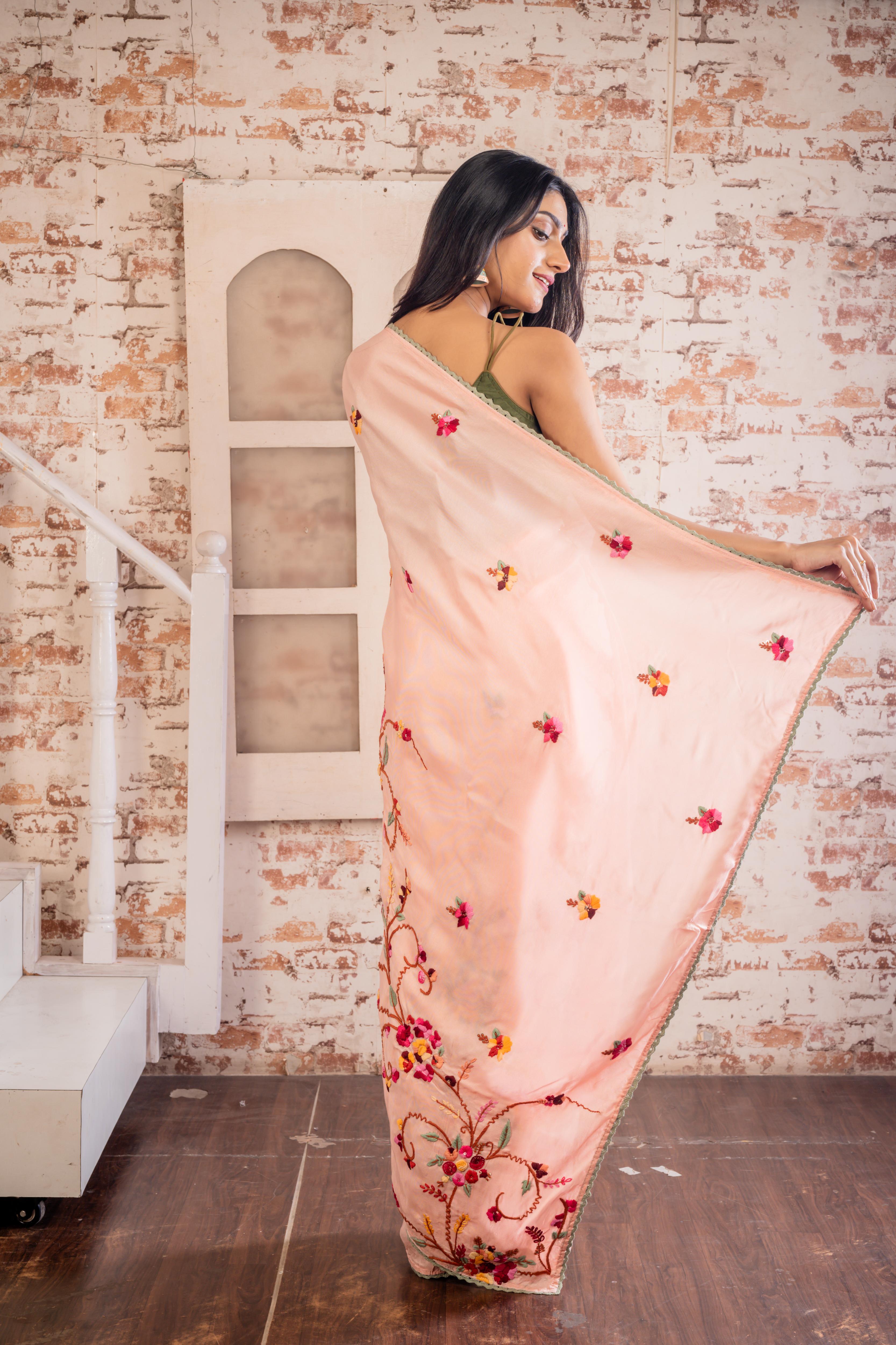 Lunasha || Peachy Pink Russian Silk Hand Embroidery Saree with all over Multi-colour Resham Boolean Parsi Floral motif and Sequins Highlights