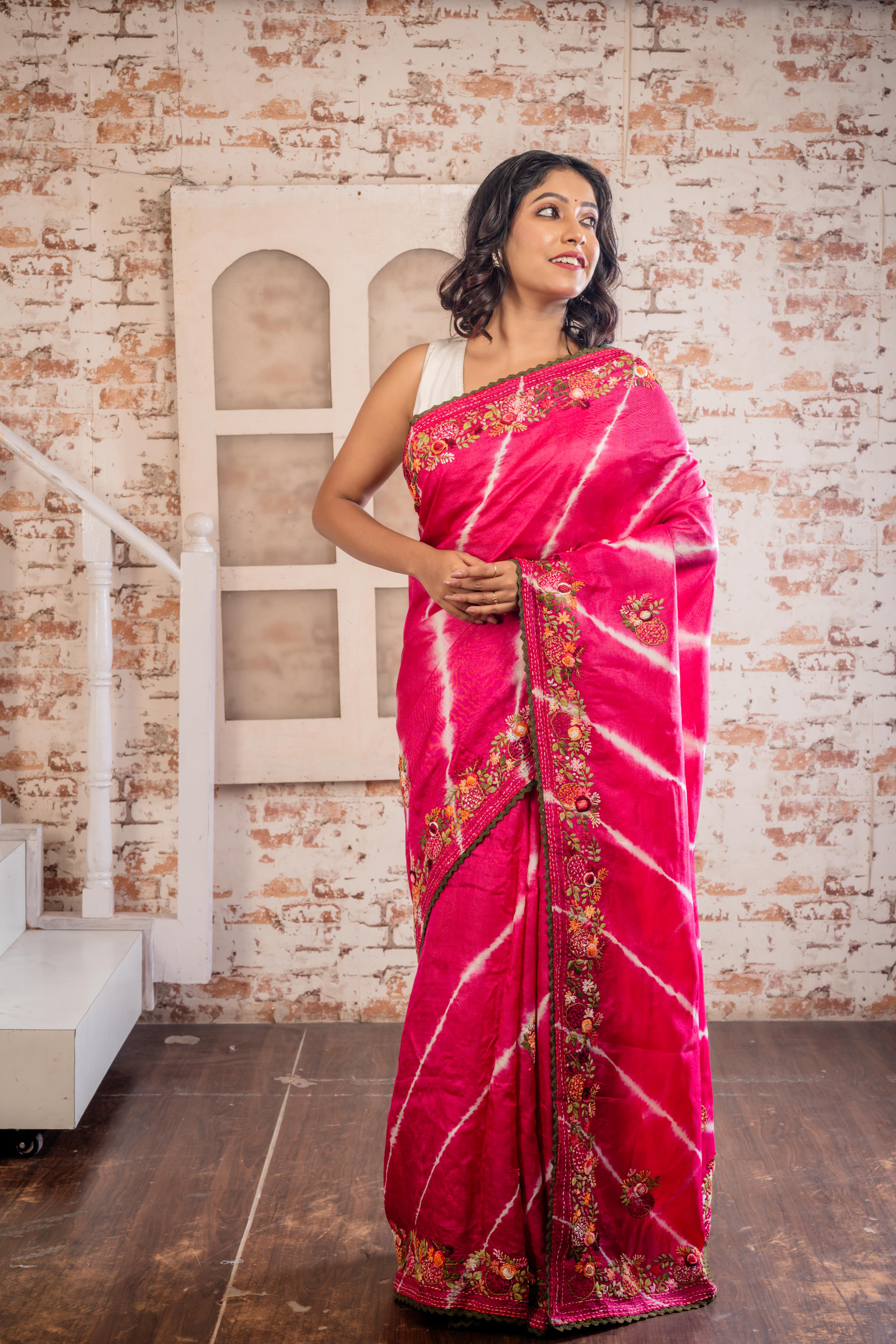 Saloni || Magenta Pure Tussar Silk Hand Embroidery Saree with all over White Shibori Stripes and Multi-colour Resham French Knot Parsi Floral motif and Sequins Highlights