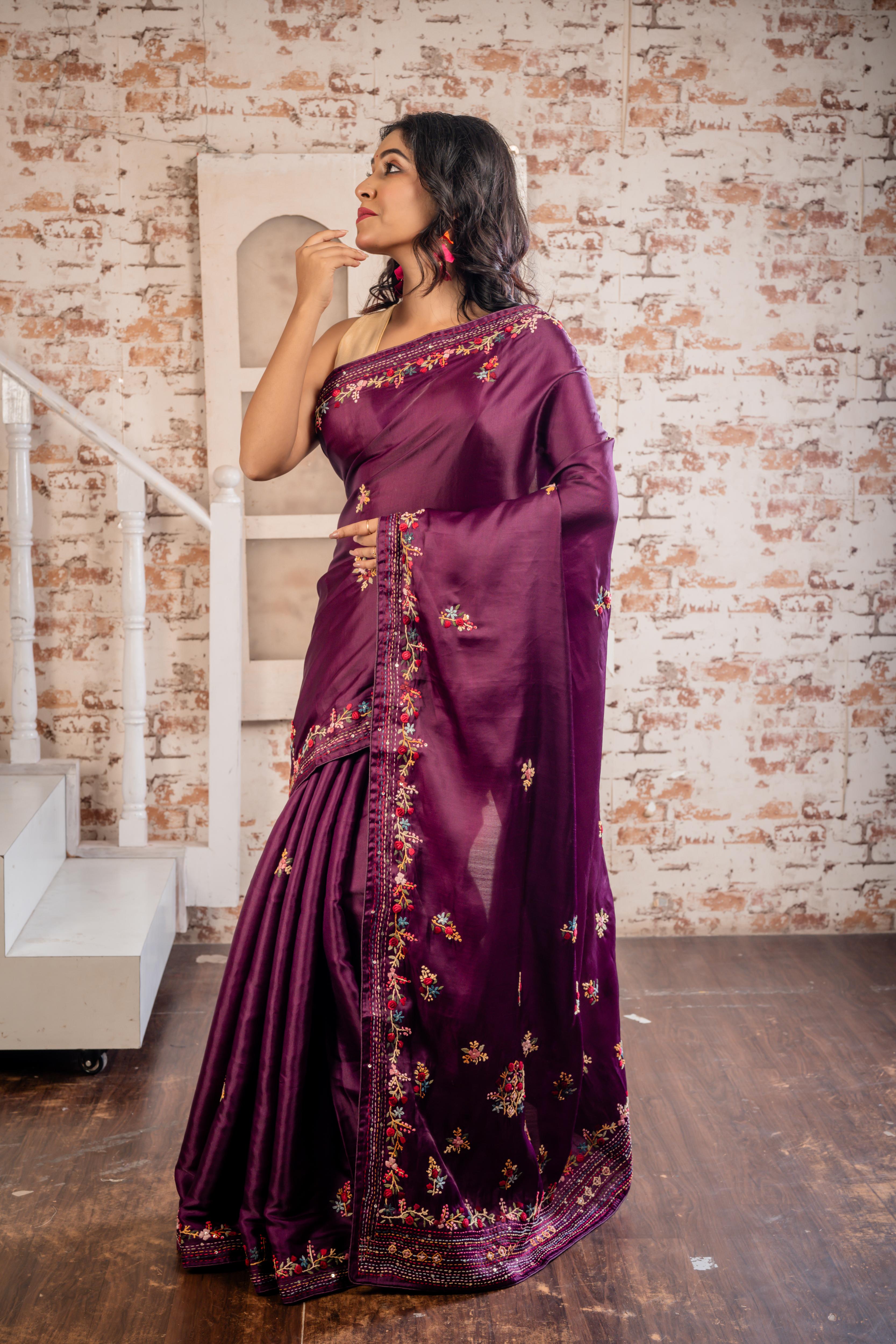 Avirai || Grapevine Soft Tussar Silk Hand Embroidery Saree with all over Multi-colour Resham Boolean Floral motif & Sequins Highlights