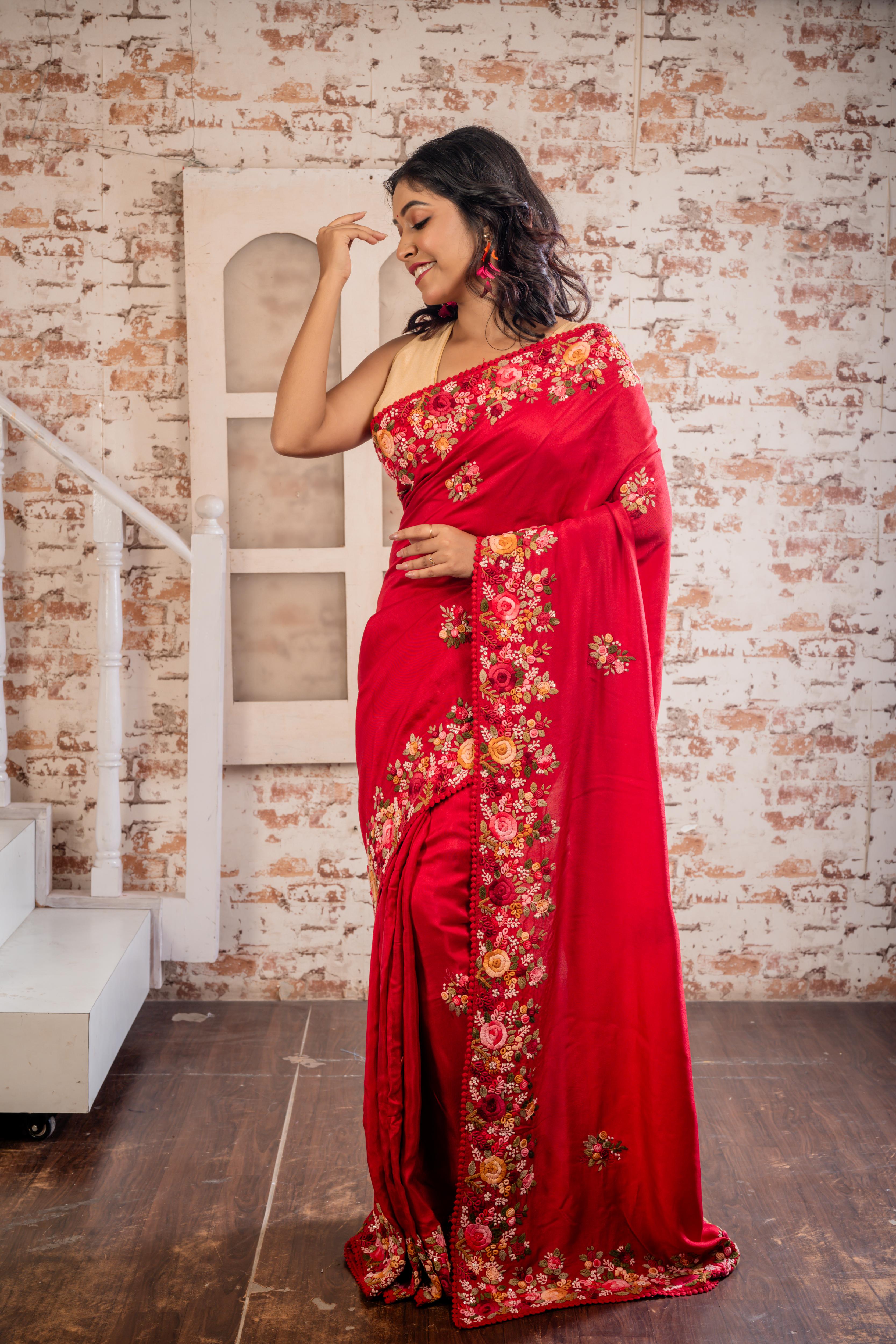 Prithika || Dark Red Russian Silk Hand Embroidery Saree with all over Multi-colour Resham Boolean Parsi Floral motif and Sequins Highlights