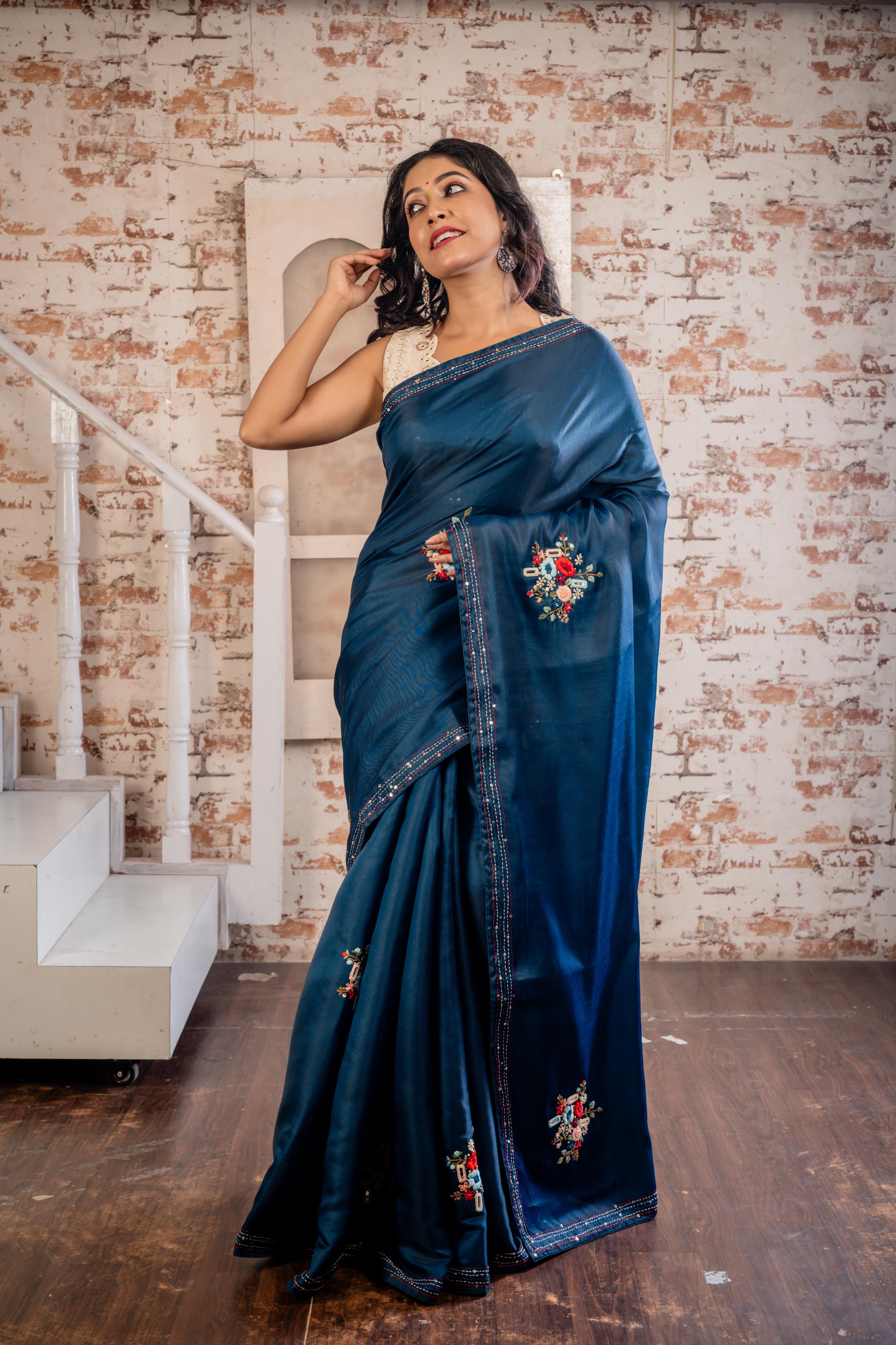 Kamya || Midnight Blue Soft Tussar Silk Hand Embroidery Saree with all over Multi-colour Resham Boolean Floral motif and Sequins & Mirror Highlights