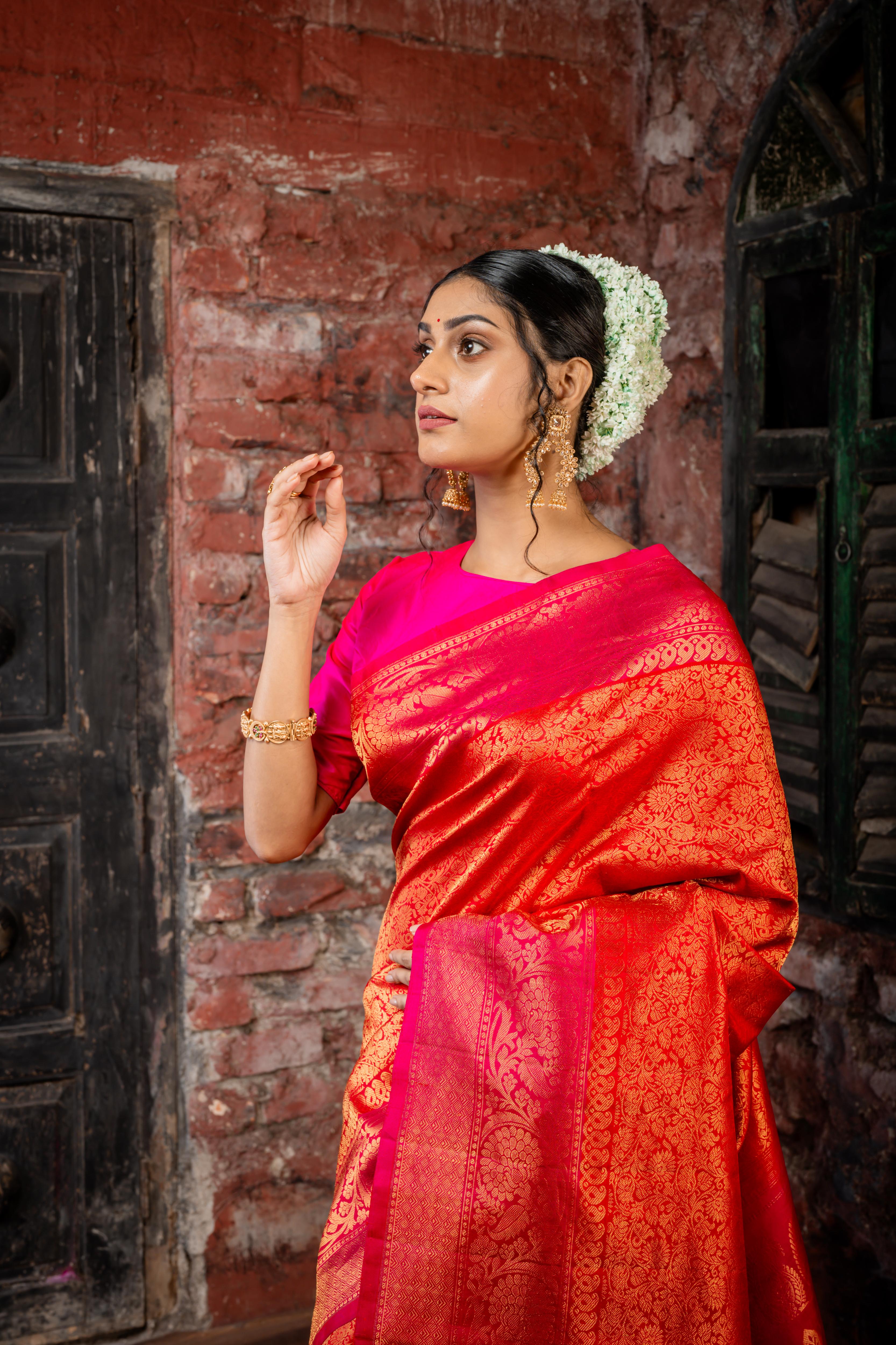 Sindhura || Red Pure Gadwal Silk Handloom Saree with full body Antique Gold Zari woven traditional design, Magenta & Antique Gold Zari Border and Brocade Pallu