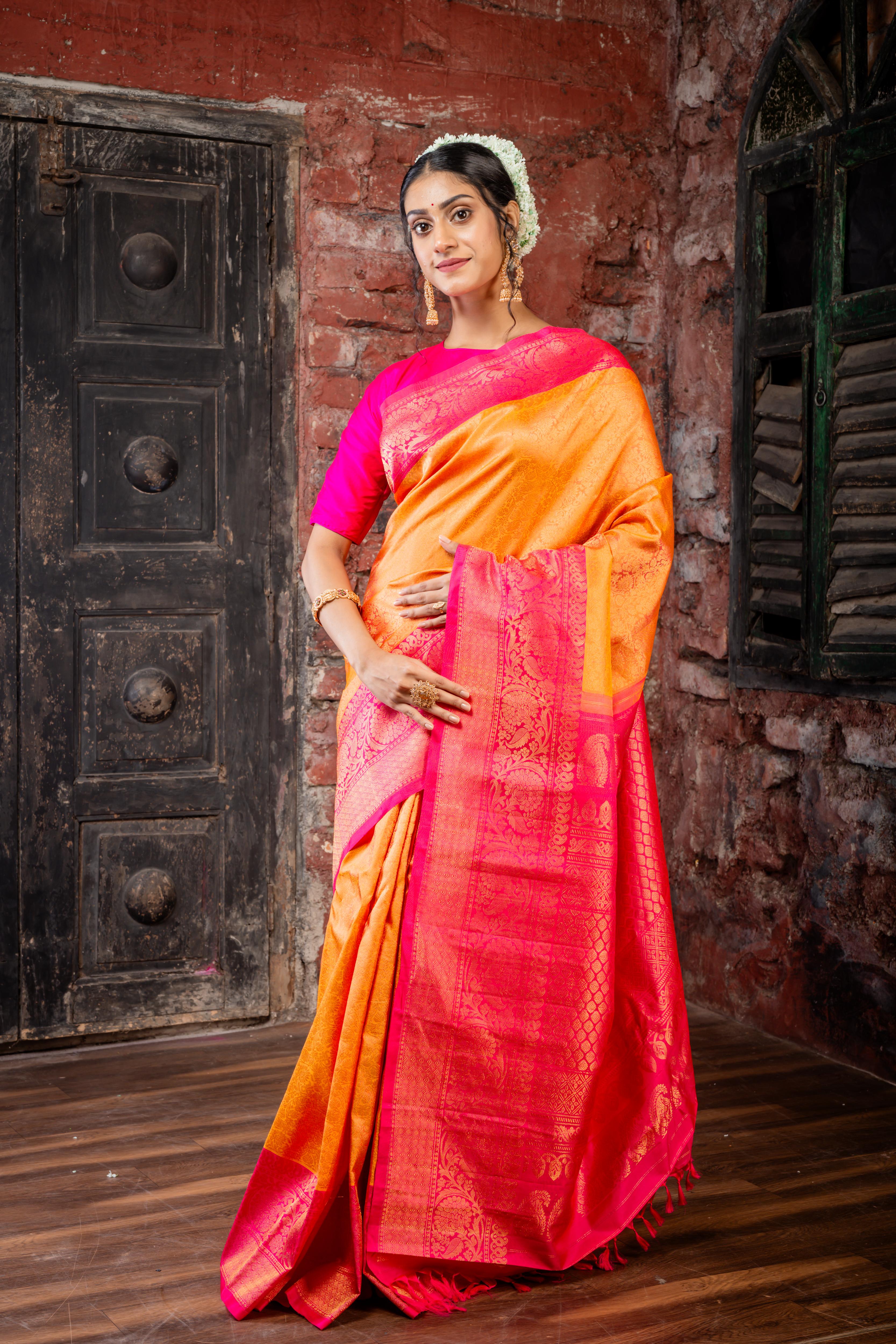 Swarnalatha || Tangerine & Hot Pink dual tone Gadwal Silk Handloom Saree with full body Golden Zari woven traditional design, Hot Pink & Golden Zari Border and Traditional design Pallu