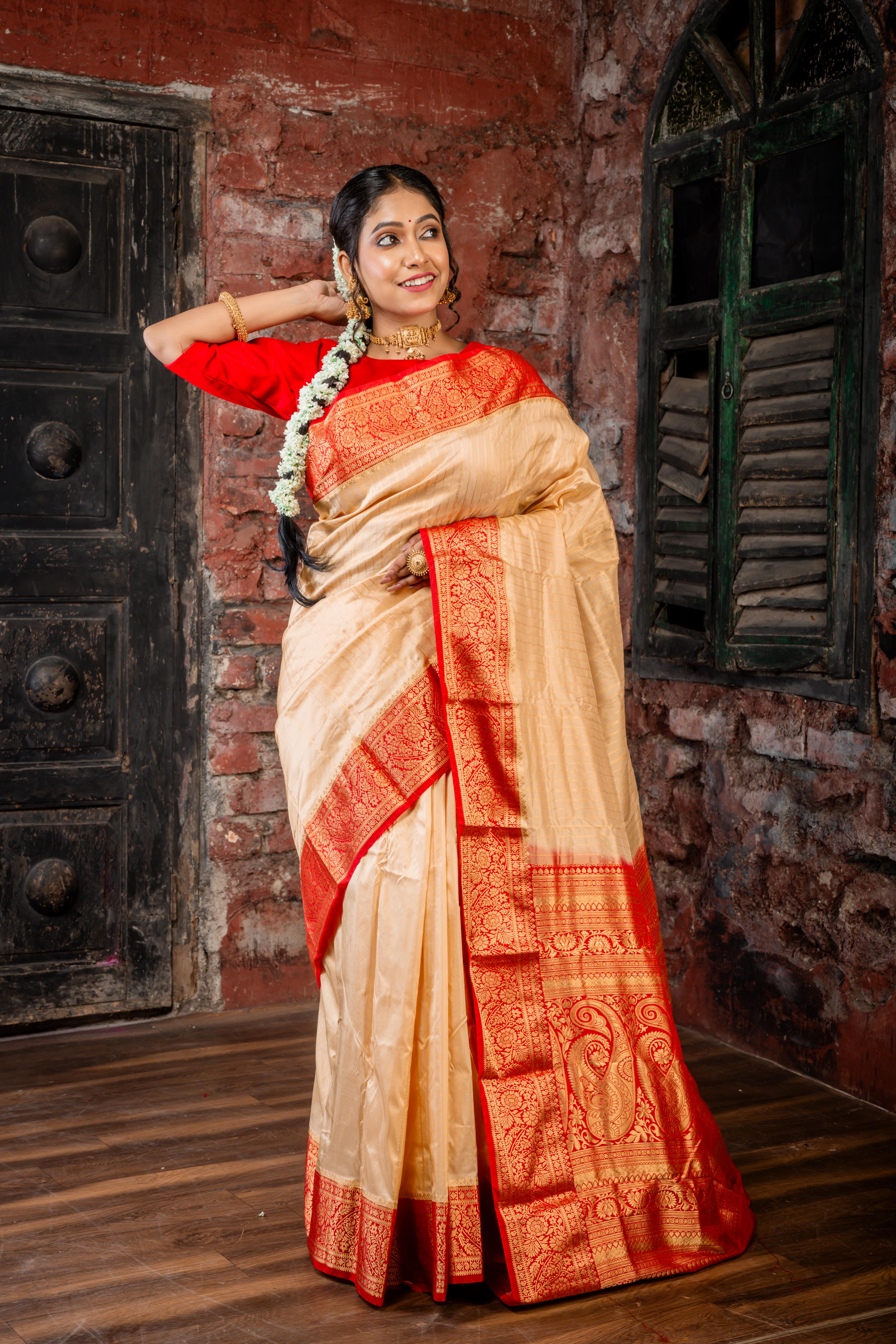 Aadhya || Golden Beige Pure Kanjivaram Silk Handloom Saree with all over Golden Zari traditional design Stripe, Red broad & Golden Zari Border and traditional design 'Kalka' motif Pallu