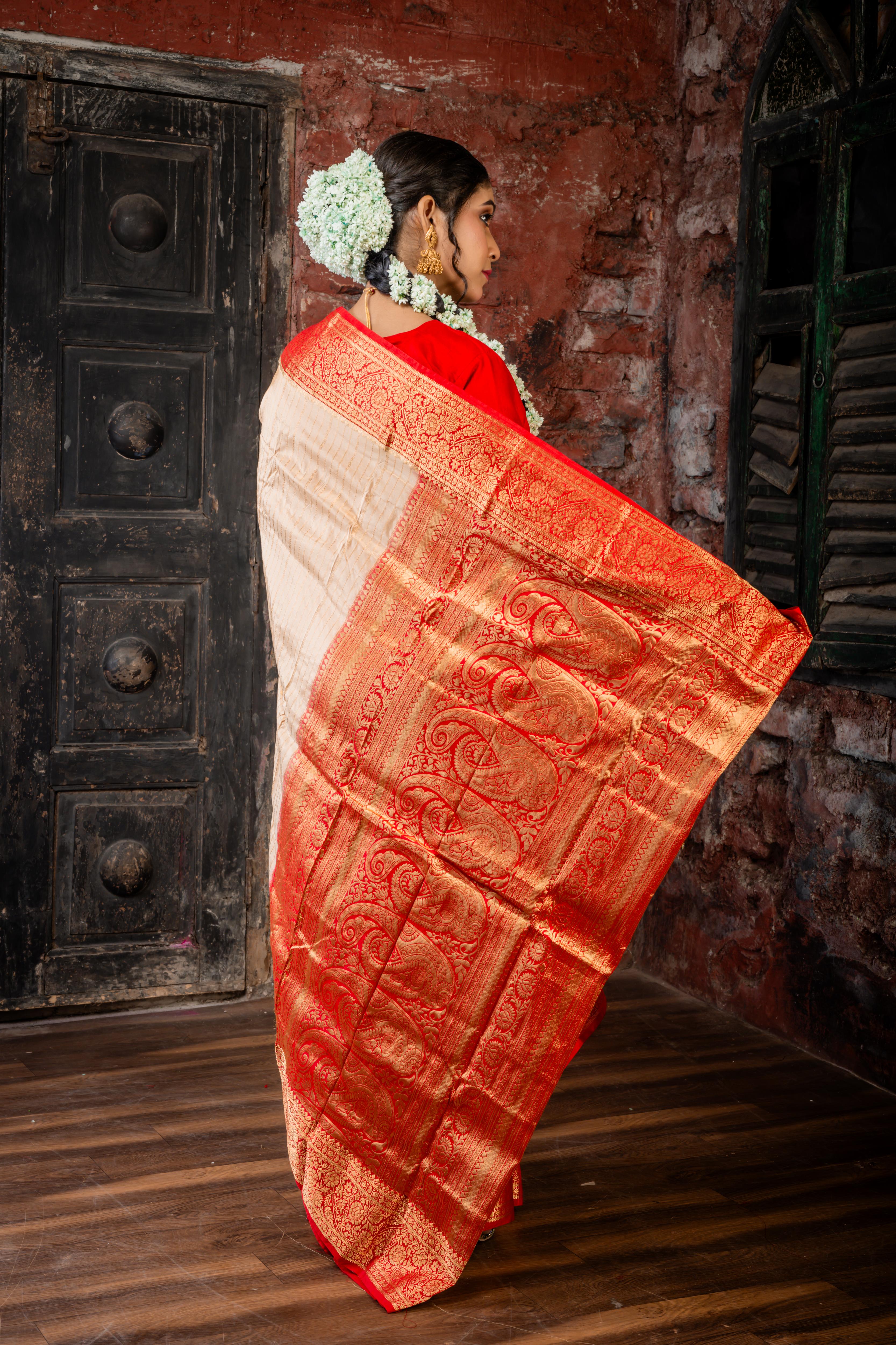 Aadhya || Golden Beige Pure Kanjivaram Silk Handloom Saree with all over Golden Zari traditional design Stripe, Red broad & Golden Zari Border and traditional design 'Kalka' motif Pallu