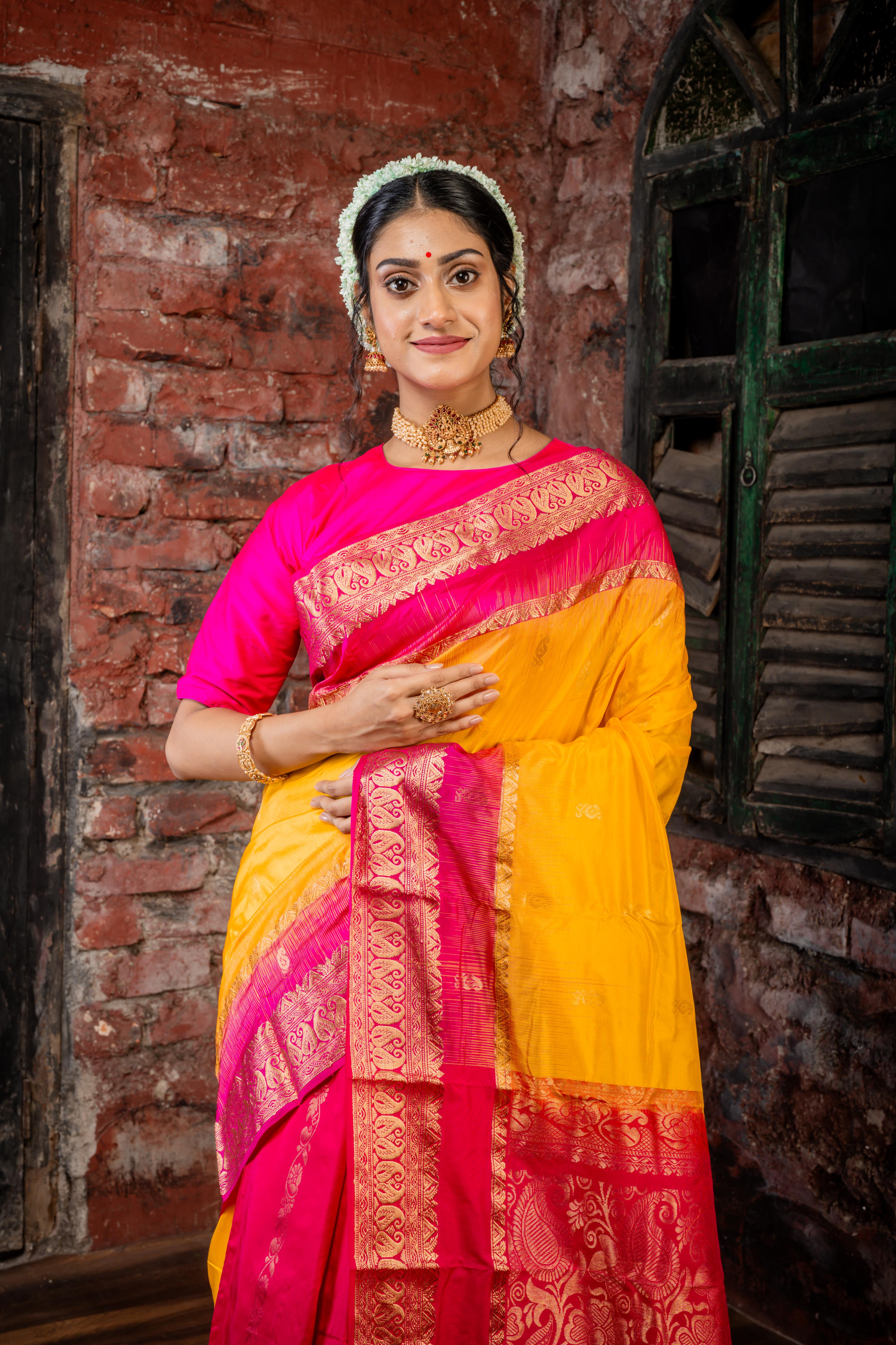 Pitambari || Half Body Turmeric Yellow & Matte Gold Zari Buta and Half Body Magenta Pink & Matte Gold Zari Stripe 'Patli Pallu' Kanjivaram Silk Saree with Magenta Pink & Antique Gold Zari Traditional design Border & Pallu