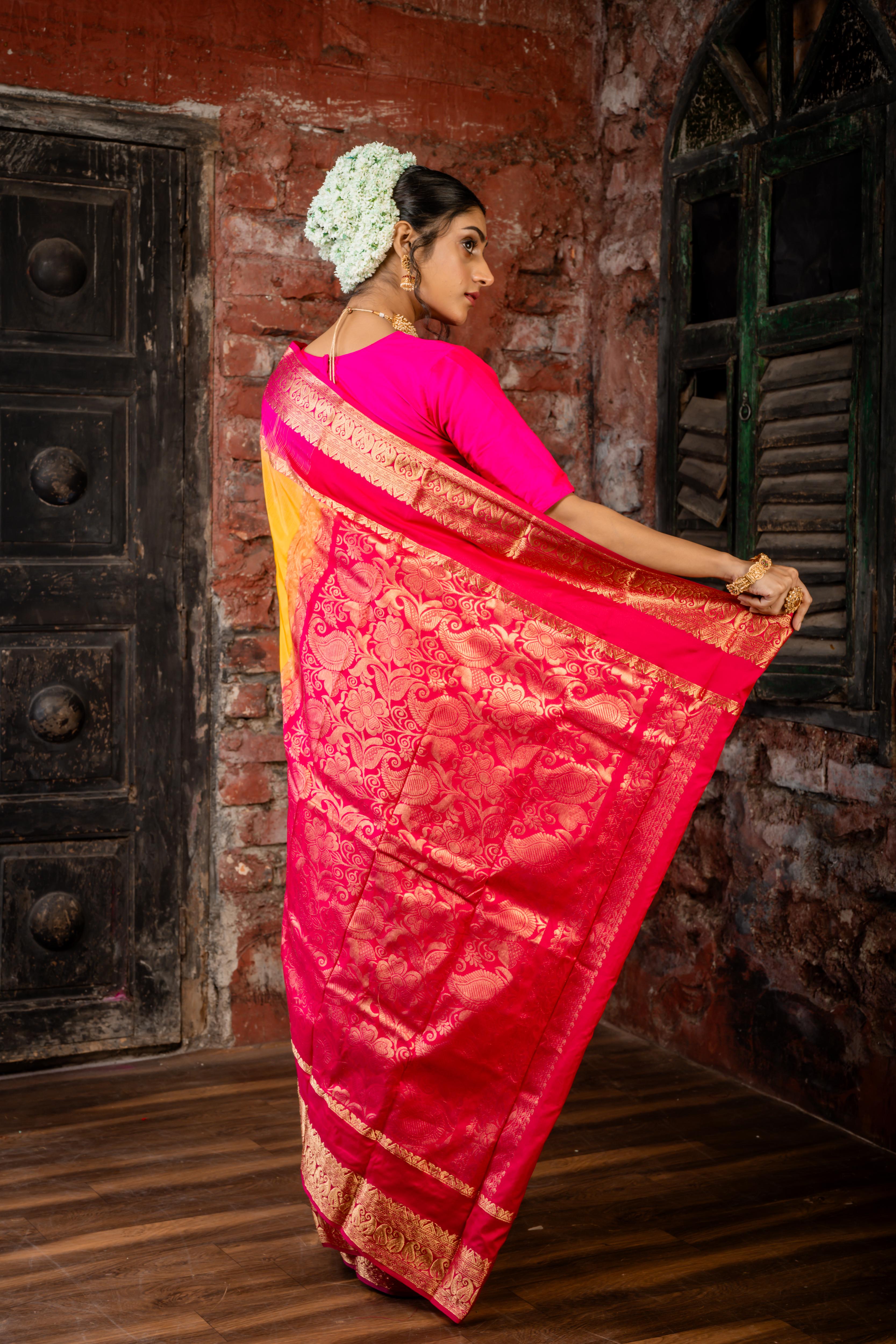 Pitambari || Half Body Turmeric Yellow & Matte Gold Zari Buta and Half Body Magenta Pink & Matte Gold Zari Stripe 'Patli Pallu' Kanjivaram Silk Saree with Magenta Pink & Antique Gold Zari Traditional design Border & Pallu