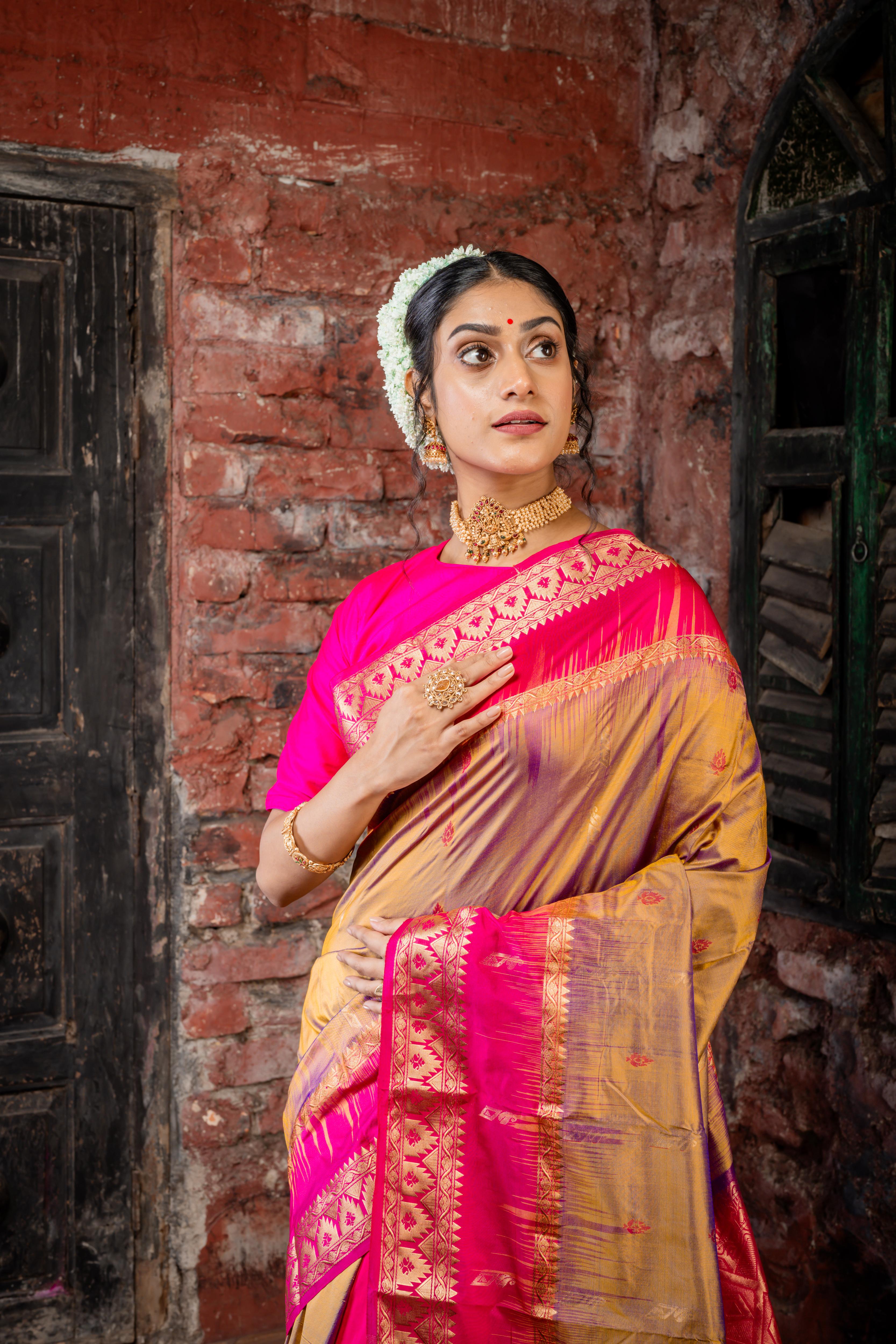 Tanishka || Half Body Golden Olive-Violet dual tone with Red Resham & Matte Gold Zari Buta and Half Body Magenta Pink & Matte Gold Zari Stripe 'Patli Pallu' Kanjivaram Silk Saree with Magenta Pink & Antique Gold Zari Traditional design Border & Pallu