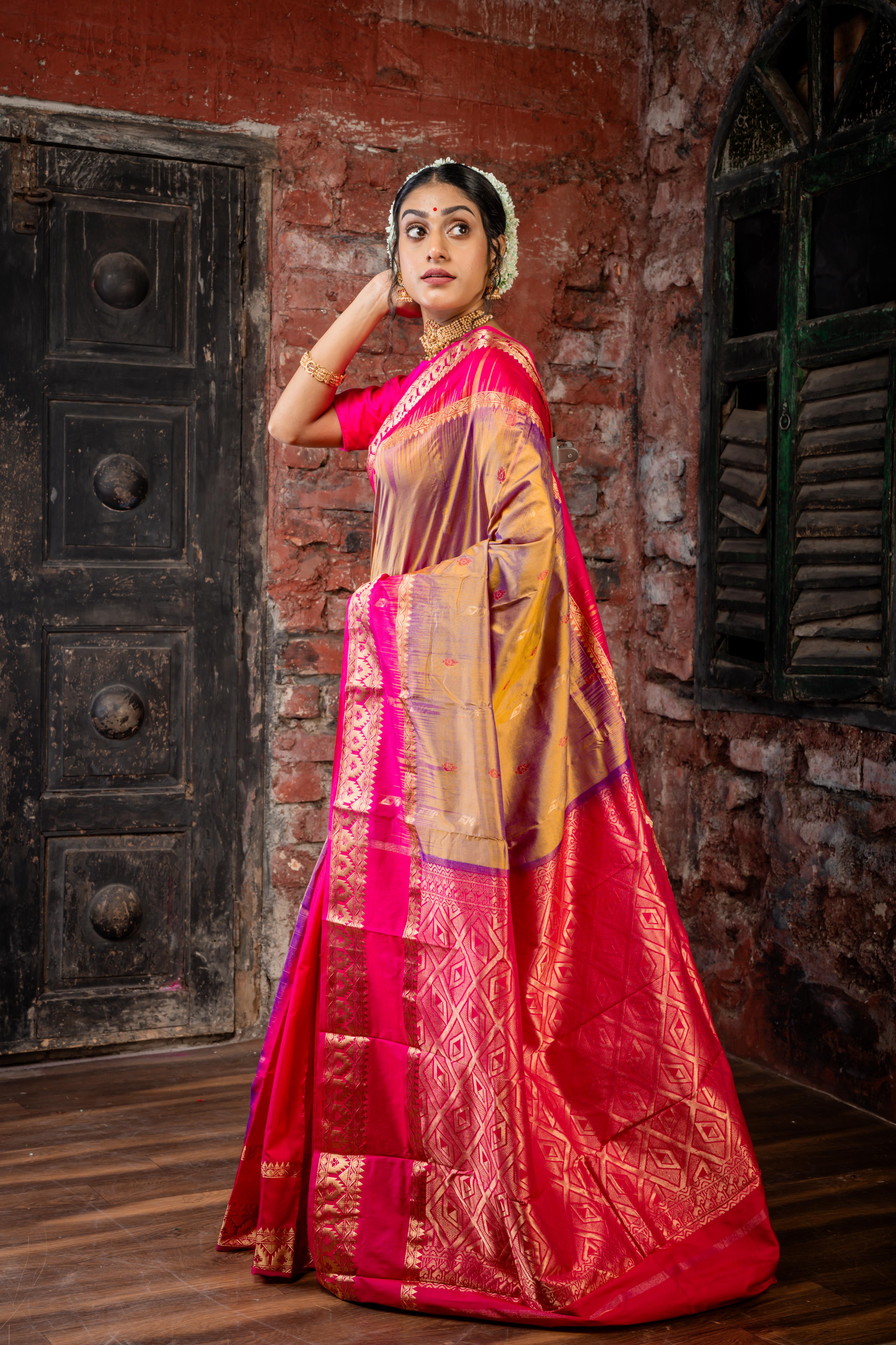 Tanishka || Half Body Golden Olive-Violet dual tone with Red Resham & Matte Gold Zari Buta and Half Body Magenta Pink & Matte Gold Zari Stripe 'Patli Pallu' Kanjivaram Silk Saree with Magenta Pink & Antique Gold Zari Traditional design Border & Pallu