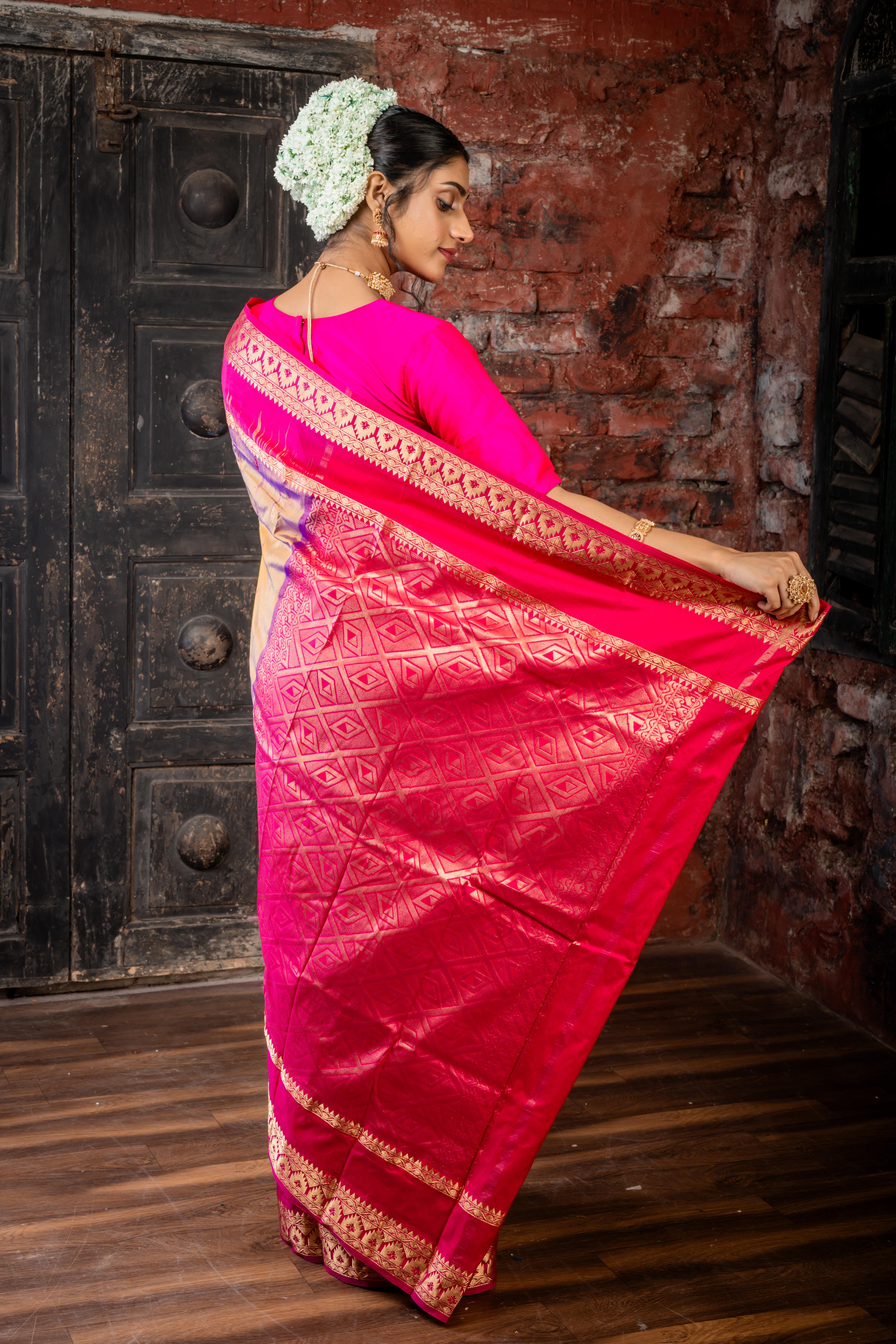 Tanishka || Half Body Golden Olive-Violet dual tone with Red Resham & Matte Gold Zari Buta and Half Body Magenta Pink & Matte Gold Zari Stripe 'Patli Pallu' Kanjivaram Silk Saree with Magenta Pink & Antique Gold Zari Traditional design Border & Pallu