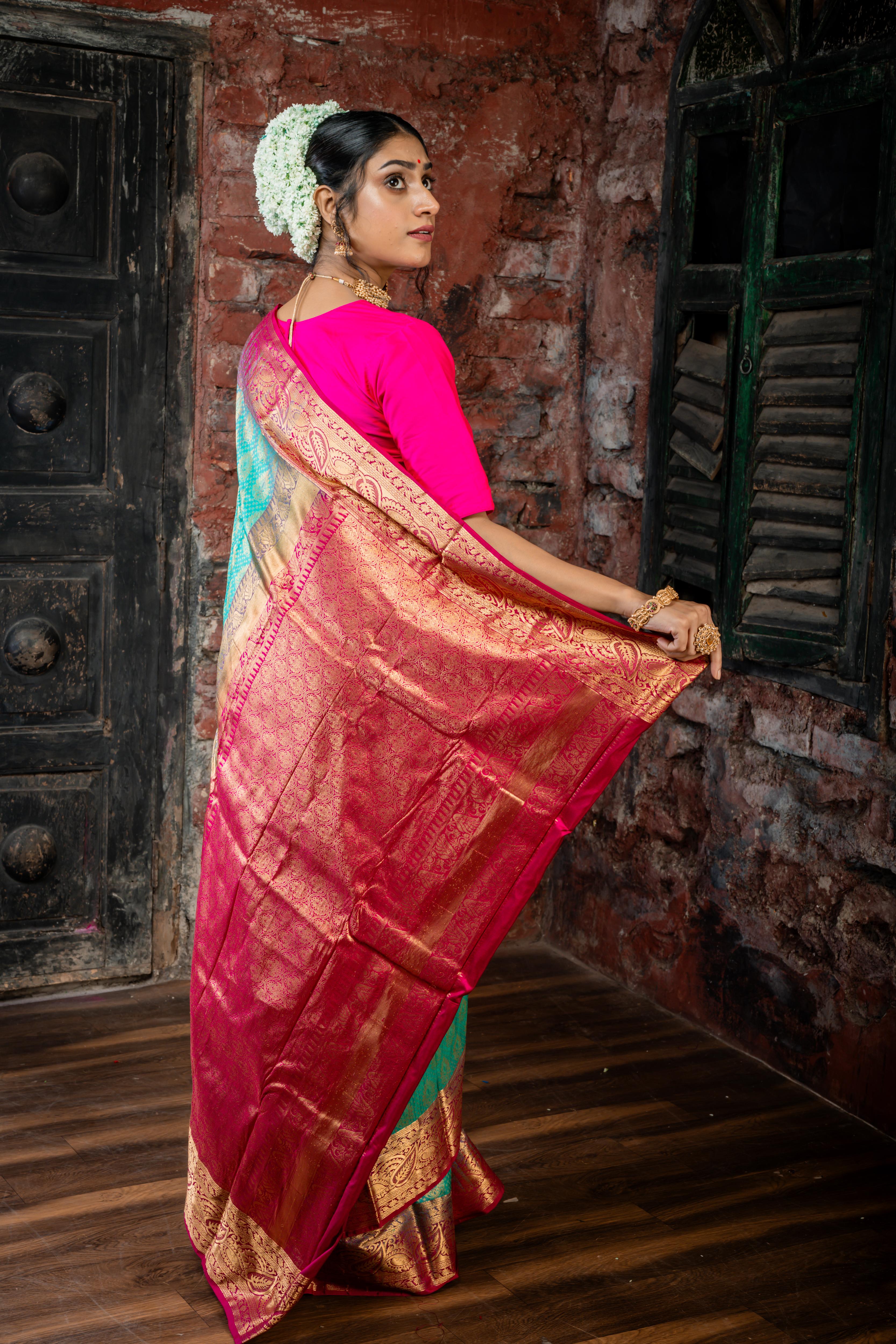 Keerthi || Teal Green Pure Kanjivaram Silk Handloom Saree with all over Matte Gold Zari traditional motif Buta, Magenta broad & Golden Zari Border and traditional design Brocade Pallu